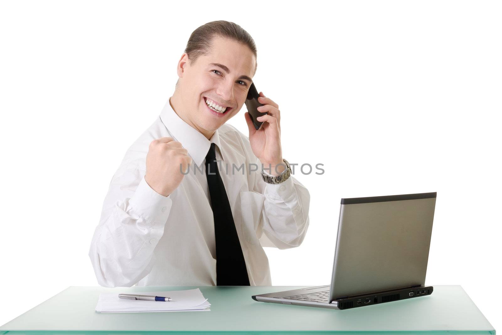 Businessman gesturing with emotions on a white background