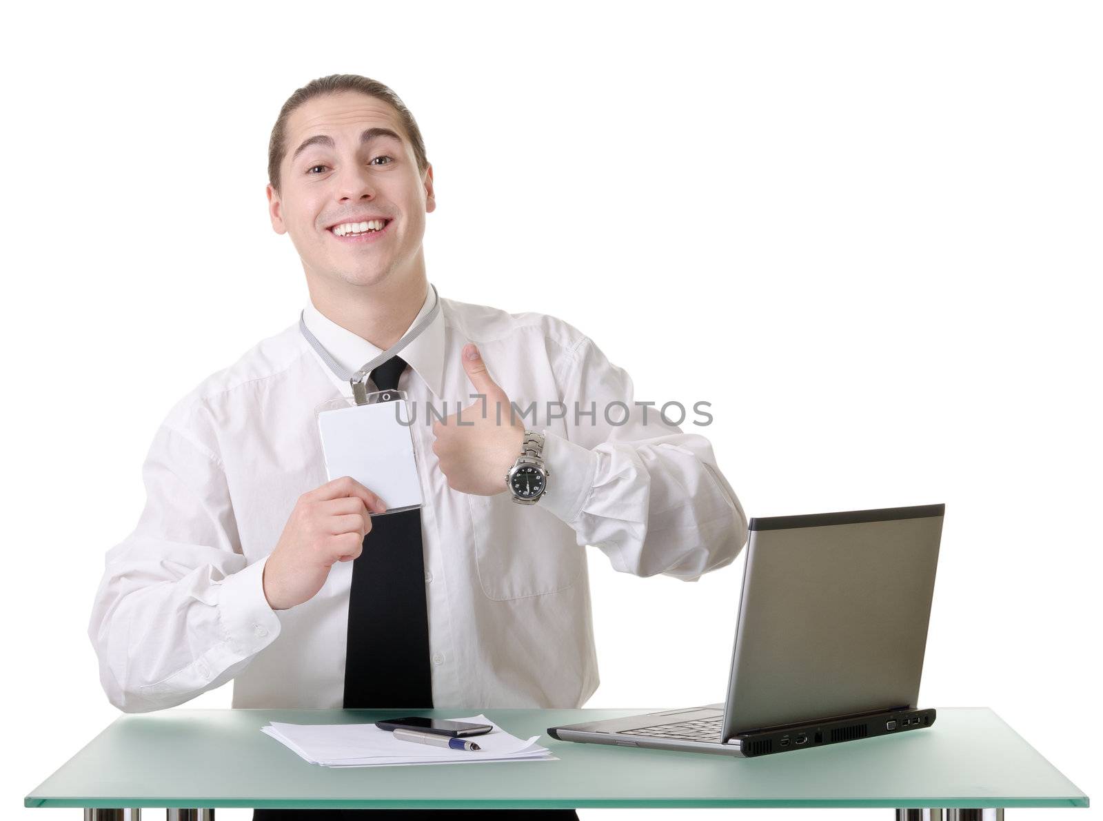 Businessman gesturing with emotions on a white background