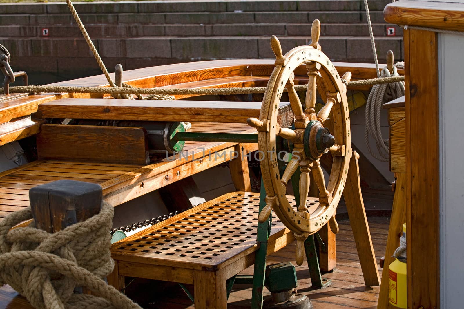 Rudder with settle in background on a yacht 