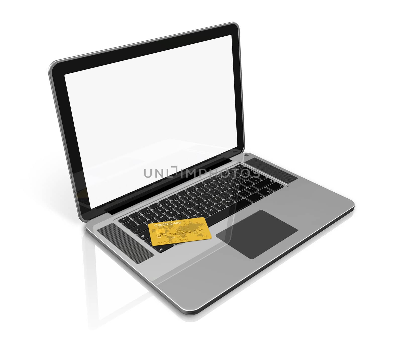 3D render of a gold credit card on a laptop - isolated on white with clipping path.