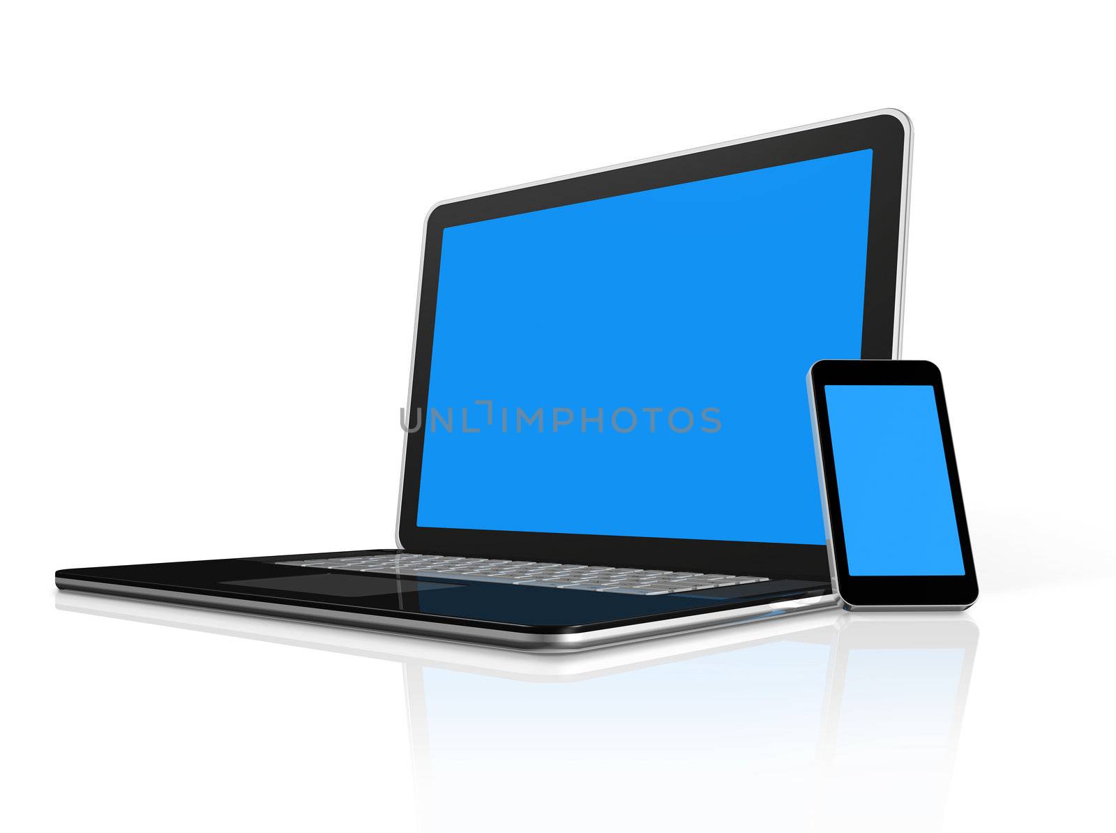 3D mobile phone on a laptop - isolated on white with clipping path