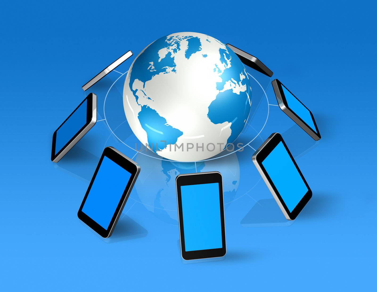 3D isolated mobile phones around a world globe
