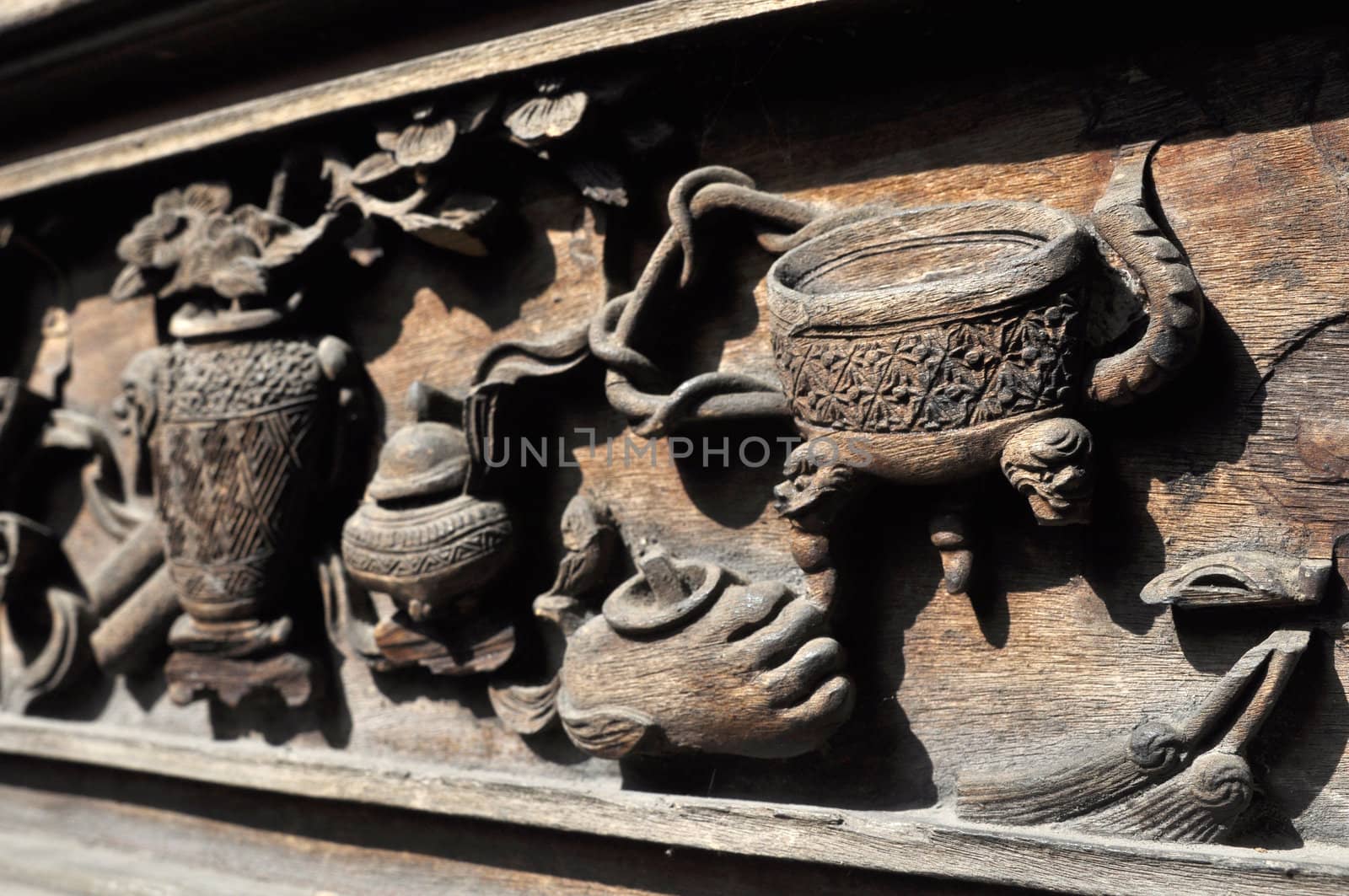 Closeup view of historic Chinese wood carvings