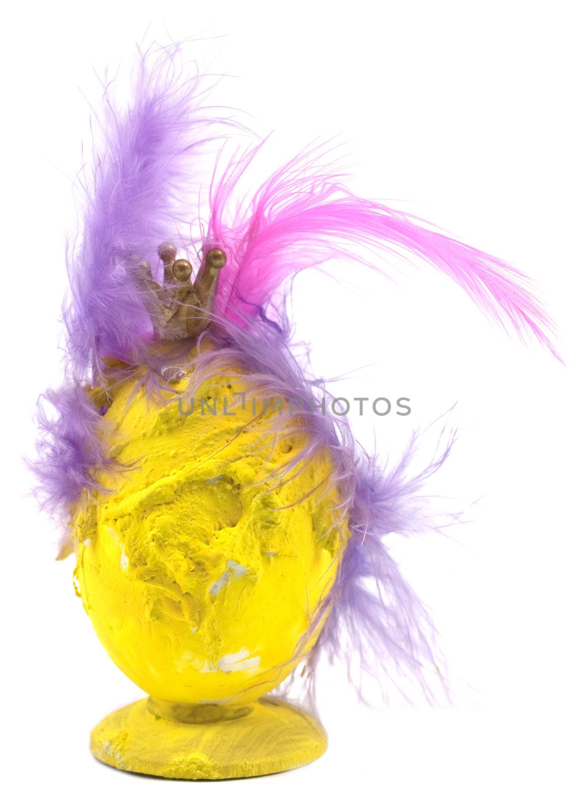 Royal easter decoration, yellow egg with feathers and gold crown