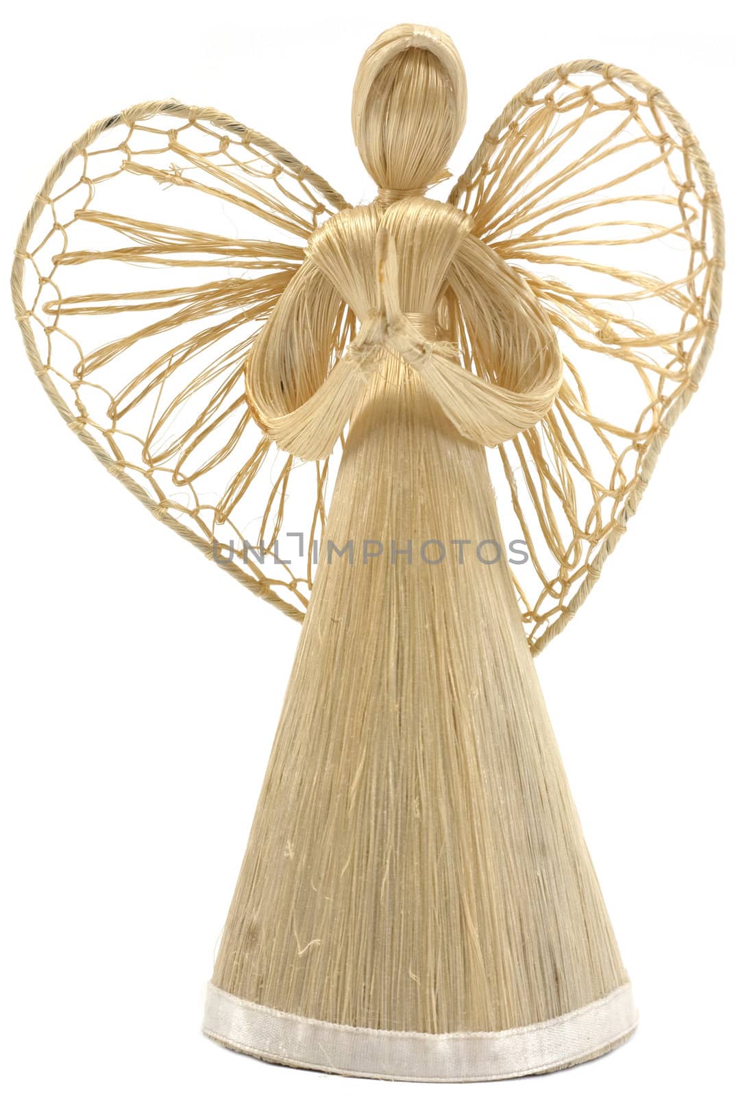 Vintage straw angel statue, isolated on white