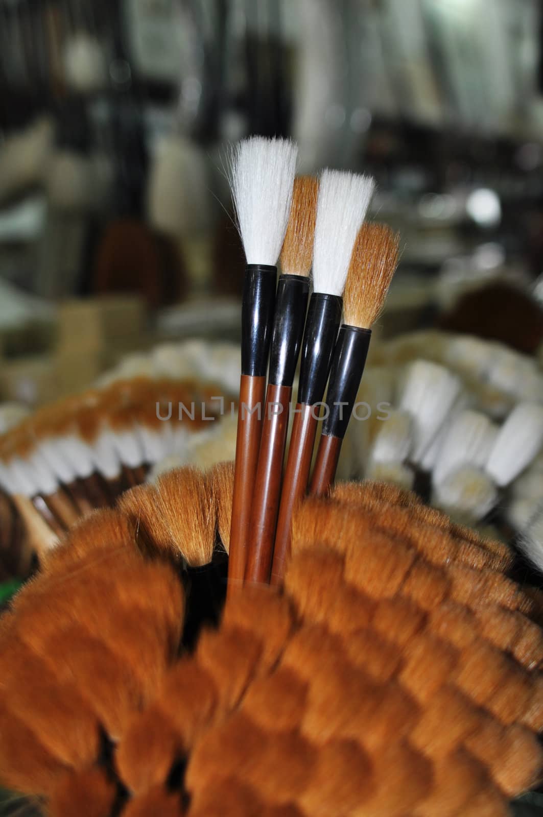 Closeup view of a bundle of Chinese brush pens for calligraphy