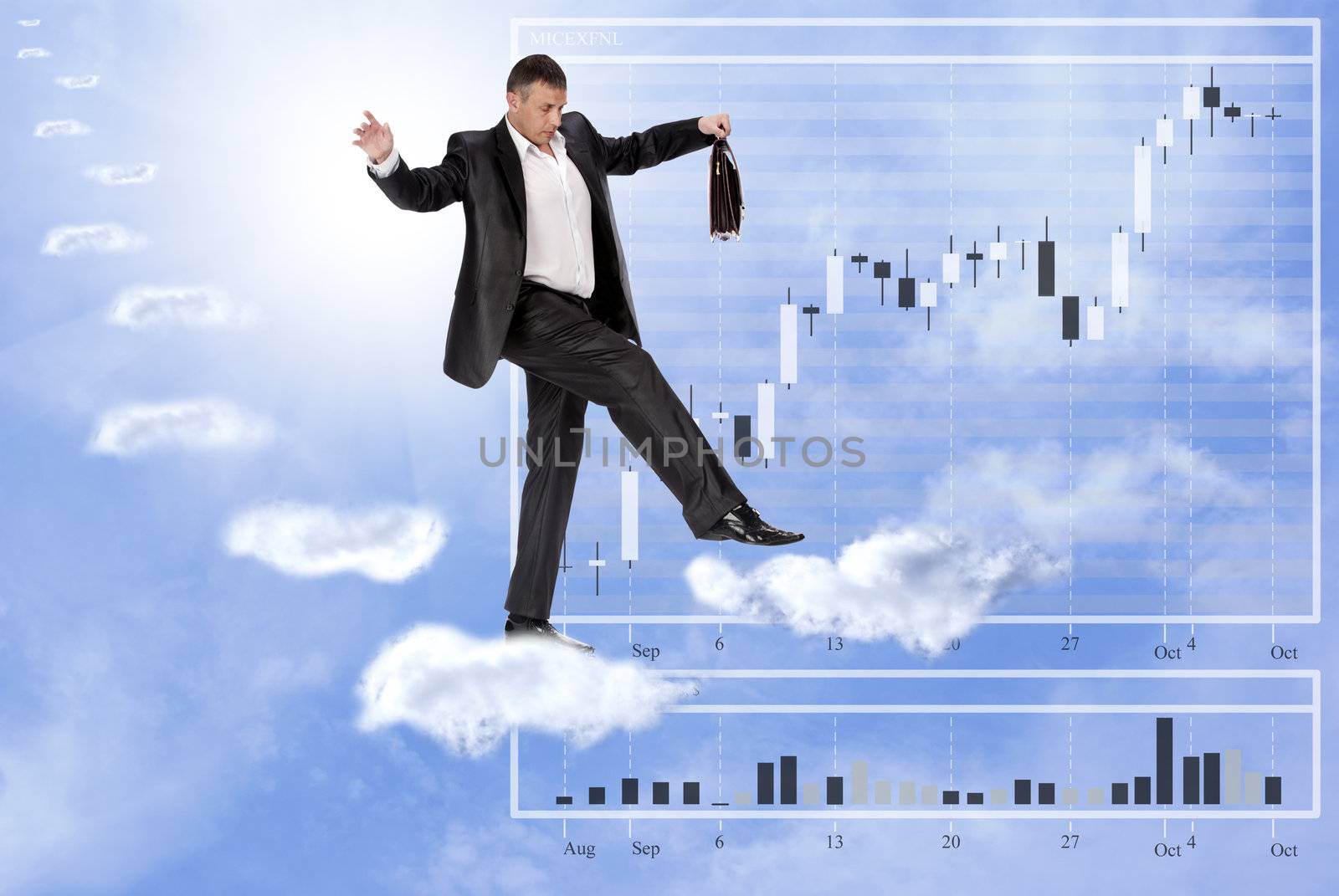 The businessman cautiously walks on unstable cloudy steps of financial business