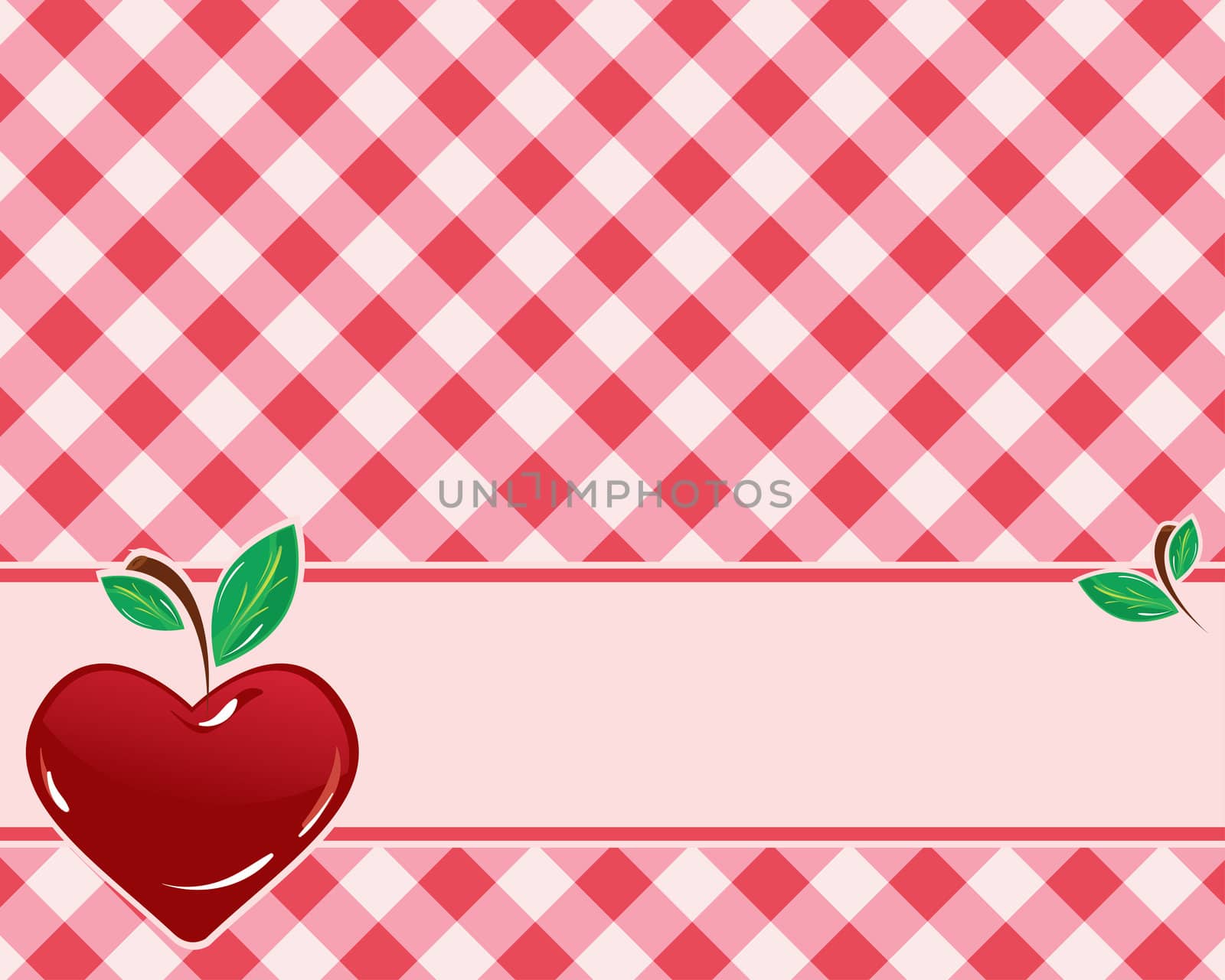 checkered background in red tones decorated with heart-shaped cherries.