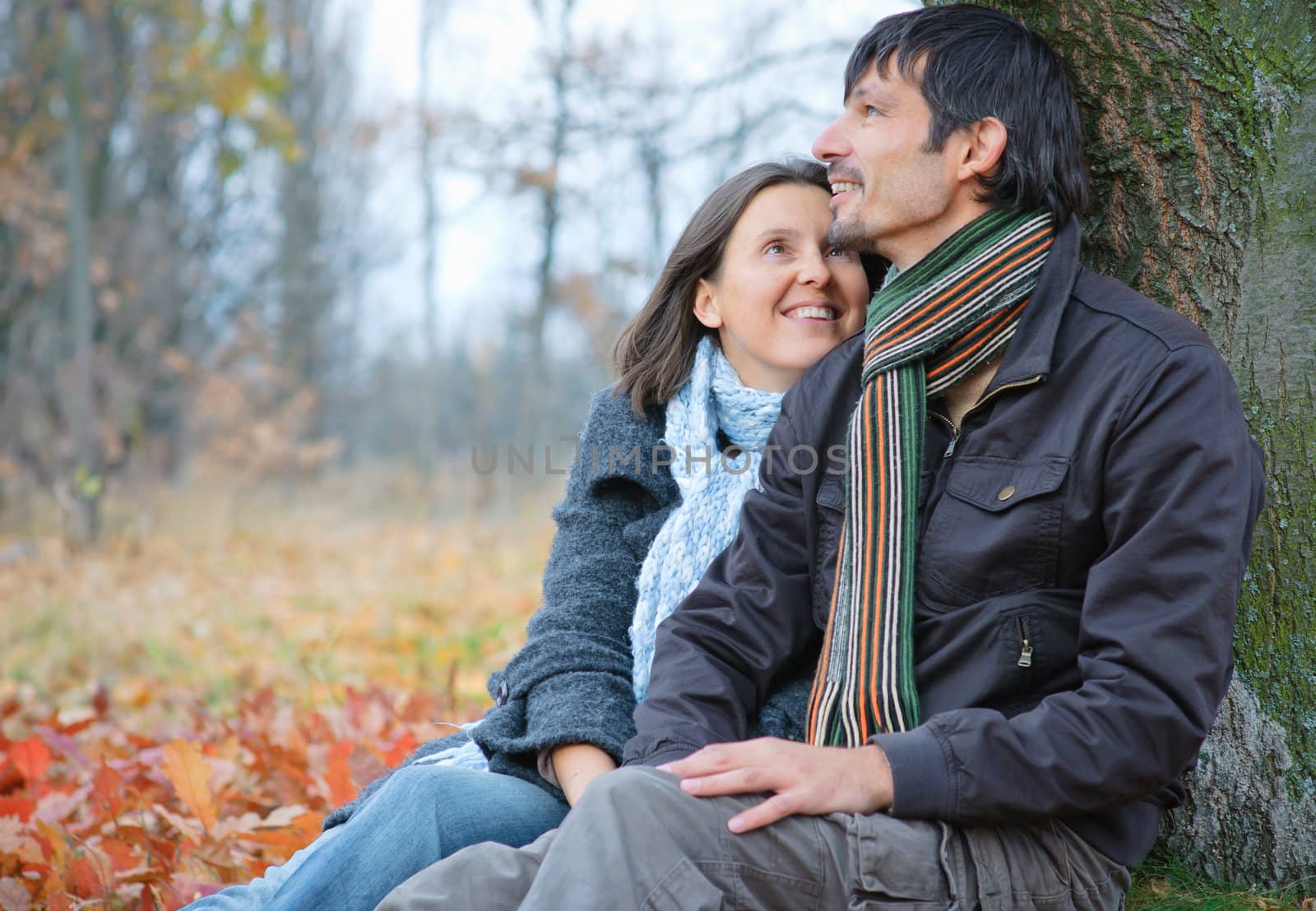 Romantic mature couple sitting in the autumn park.