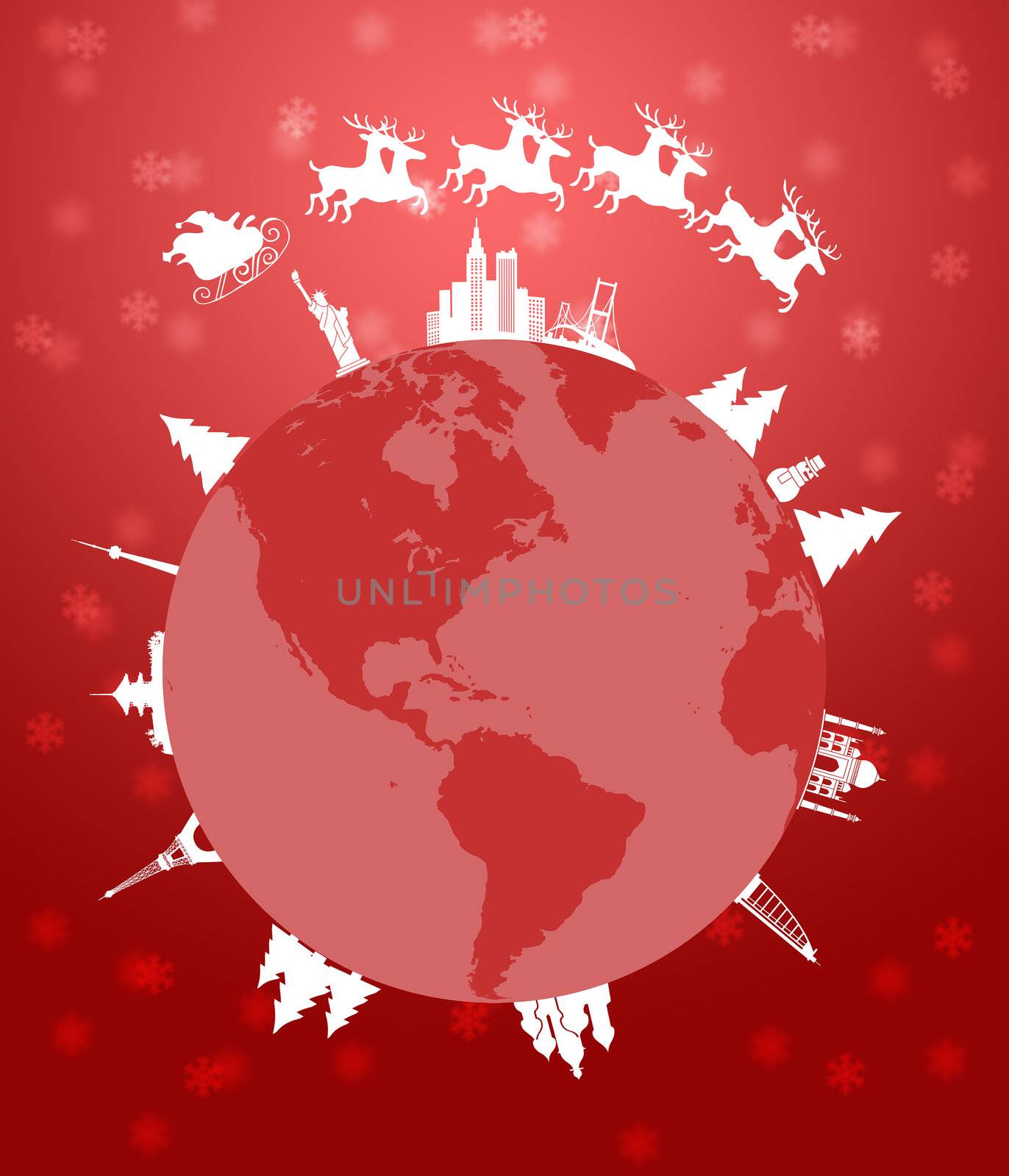 Santa Sleigh and Reindeer Flying Around the World Globe Red Background Illustration