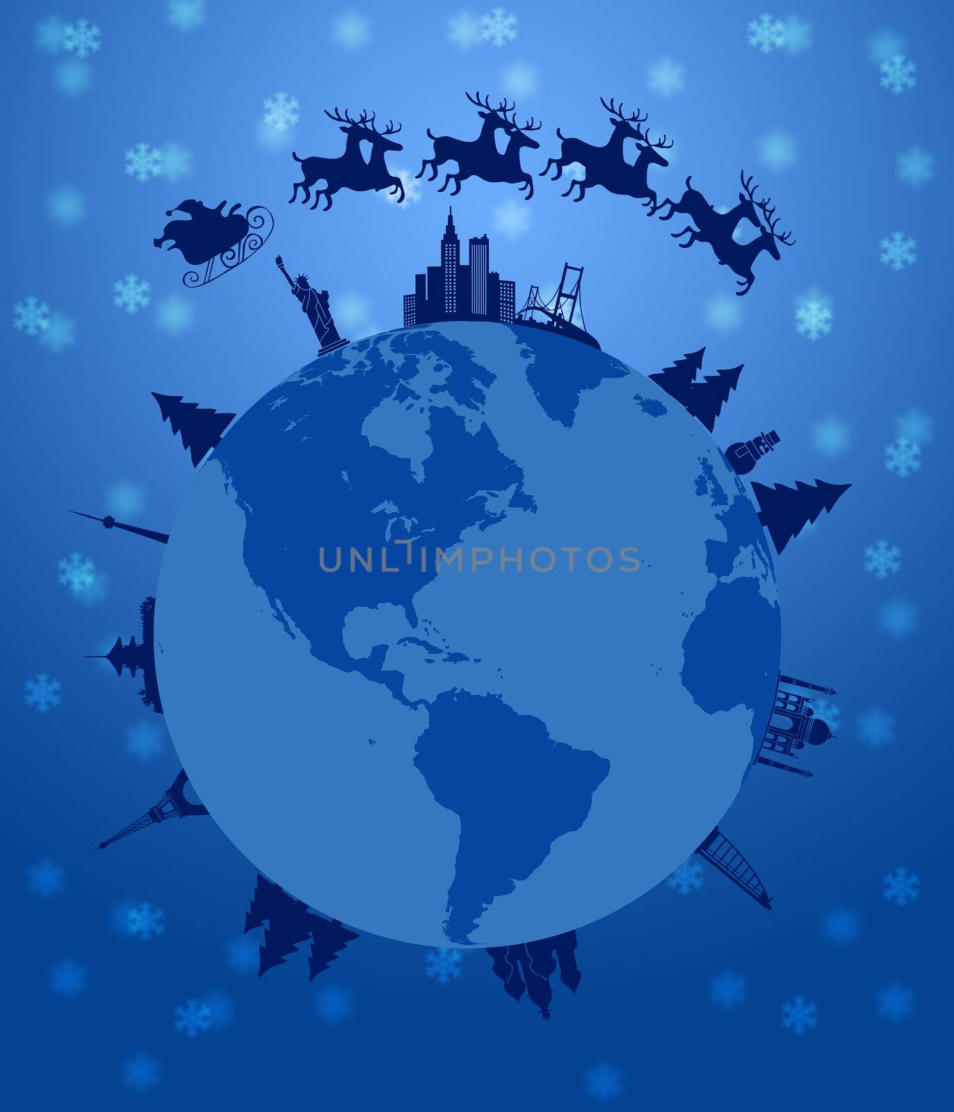 Santa Sleigh and Reindeer Flying Around the World Earth Globe Illustration