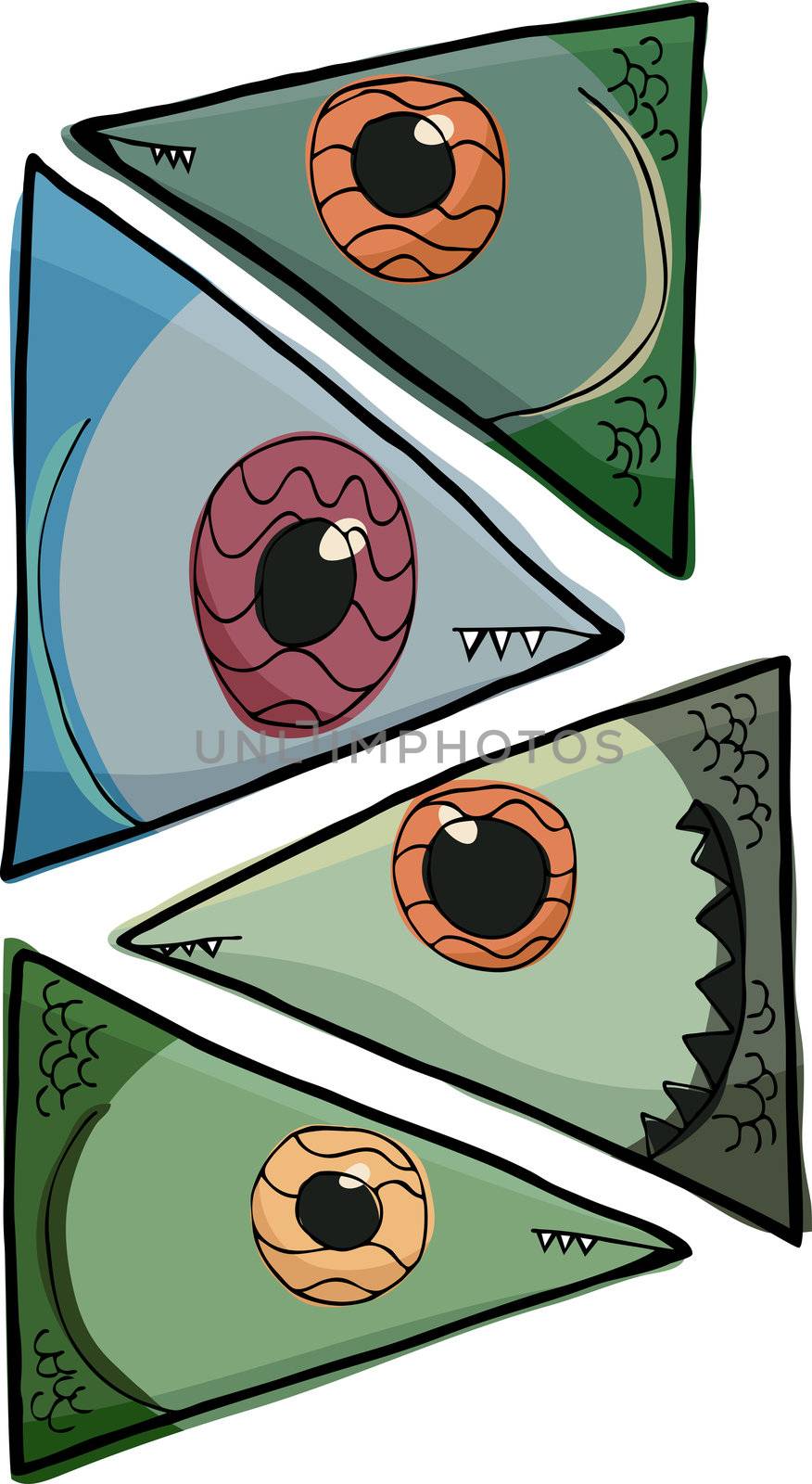 Four isolated various fish head close-up illustrations