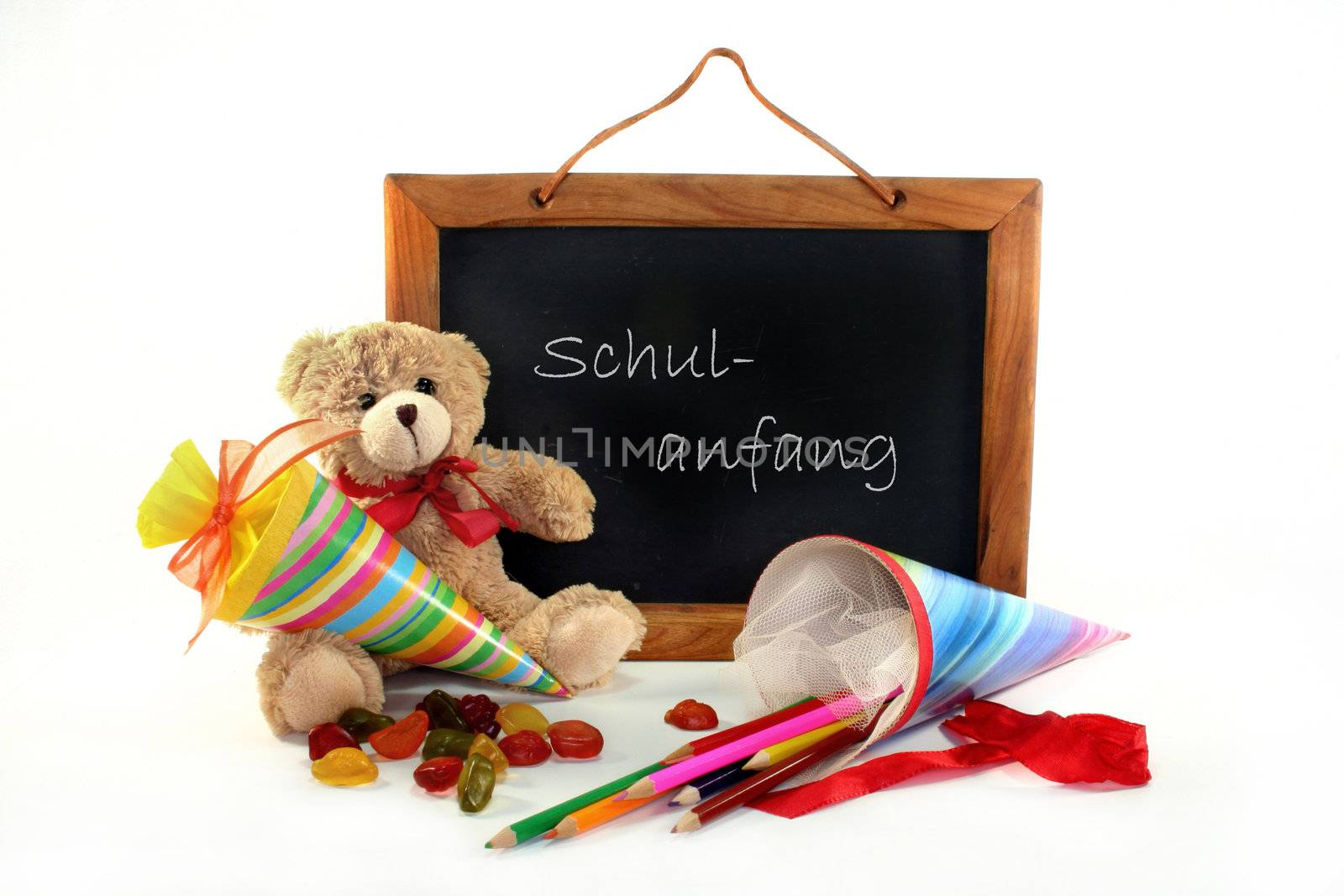 Blackboard and Teddy cornet with a white background