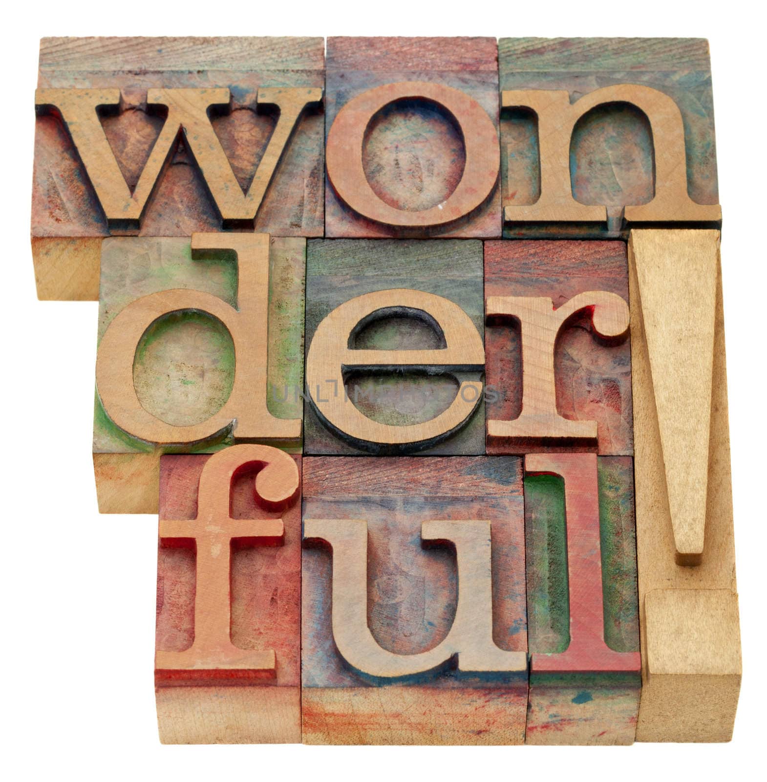 wonderful exclamation - an isolated word in vintage wood letterpress printing blocks