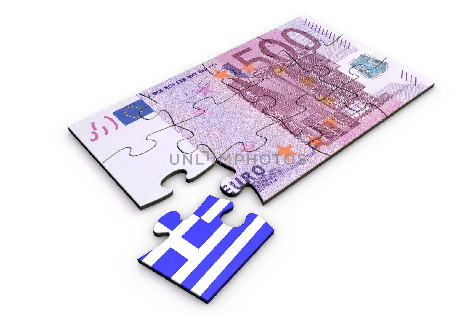 500 Euro note from top as a puzzle - one piece seperately - extra piece with Greece / greek flag on it