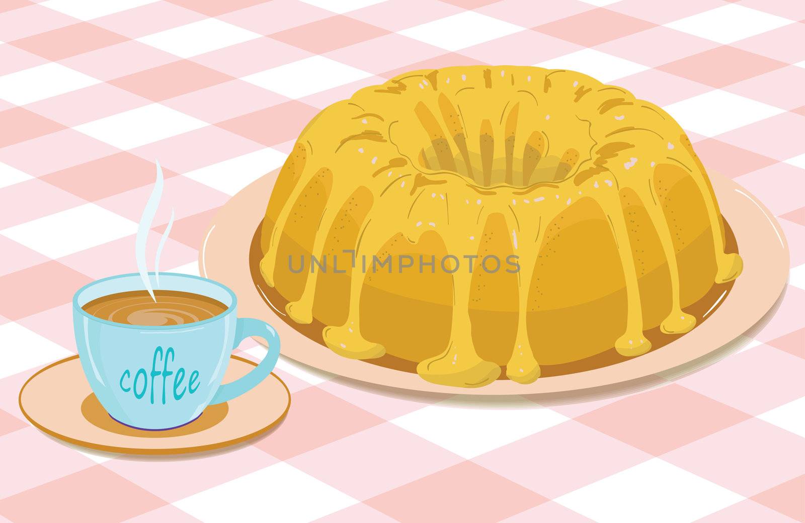 cupcake with frosting on a plate and a mug of coffee on a checkered tablecloth
