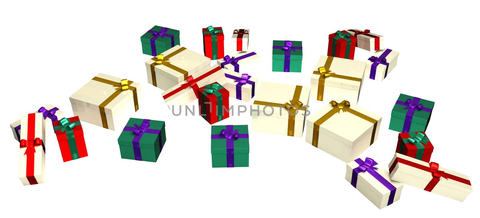 Colored gifts with shiny ribbons on a white background