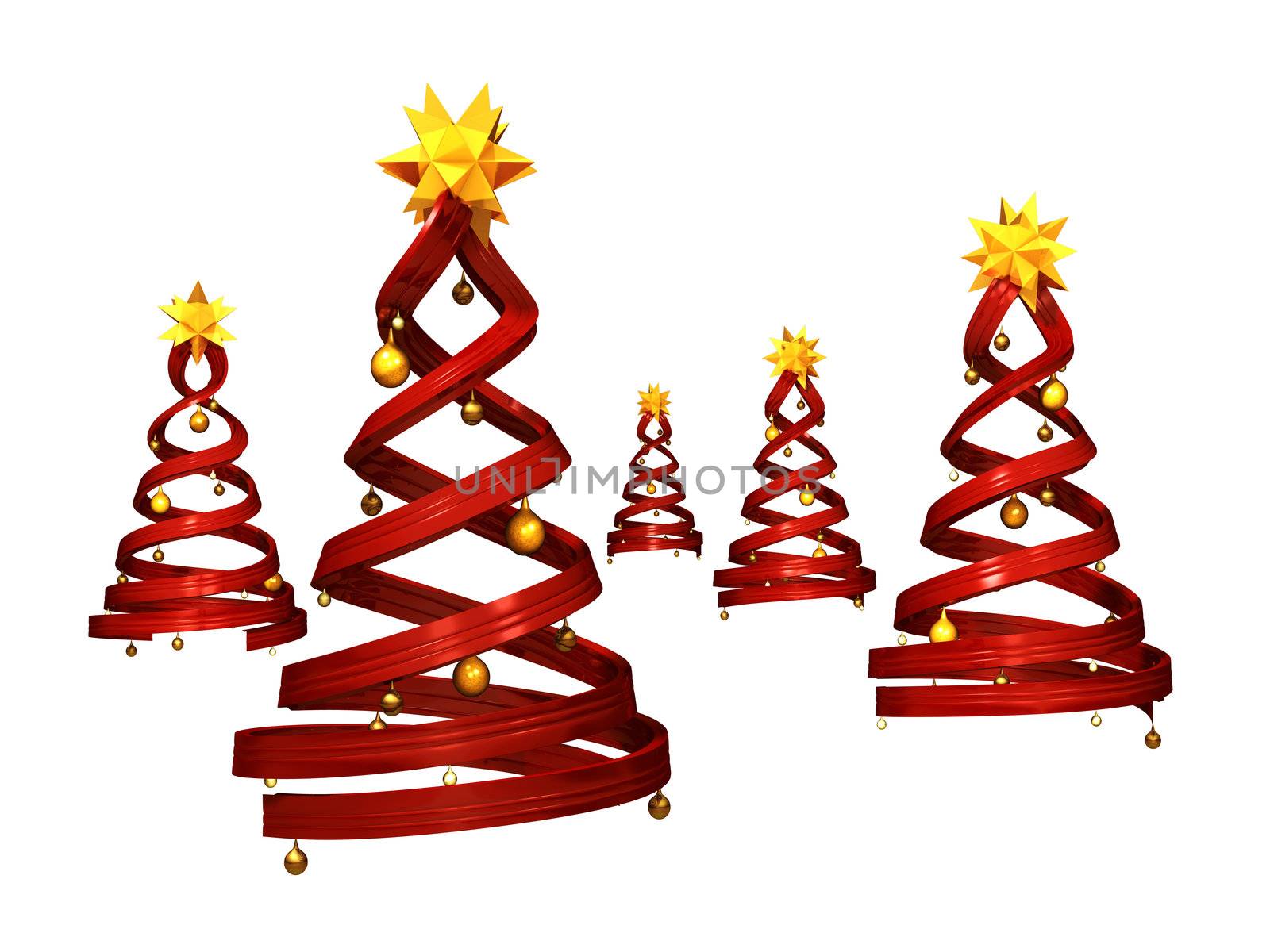 Five red design pines and golden balls on a white background