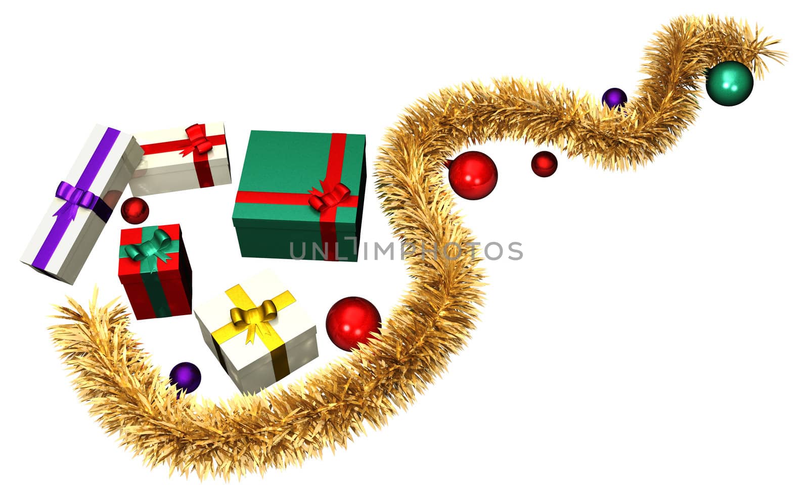 Golden piece of tinsel with colored gifts on a white background