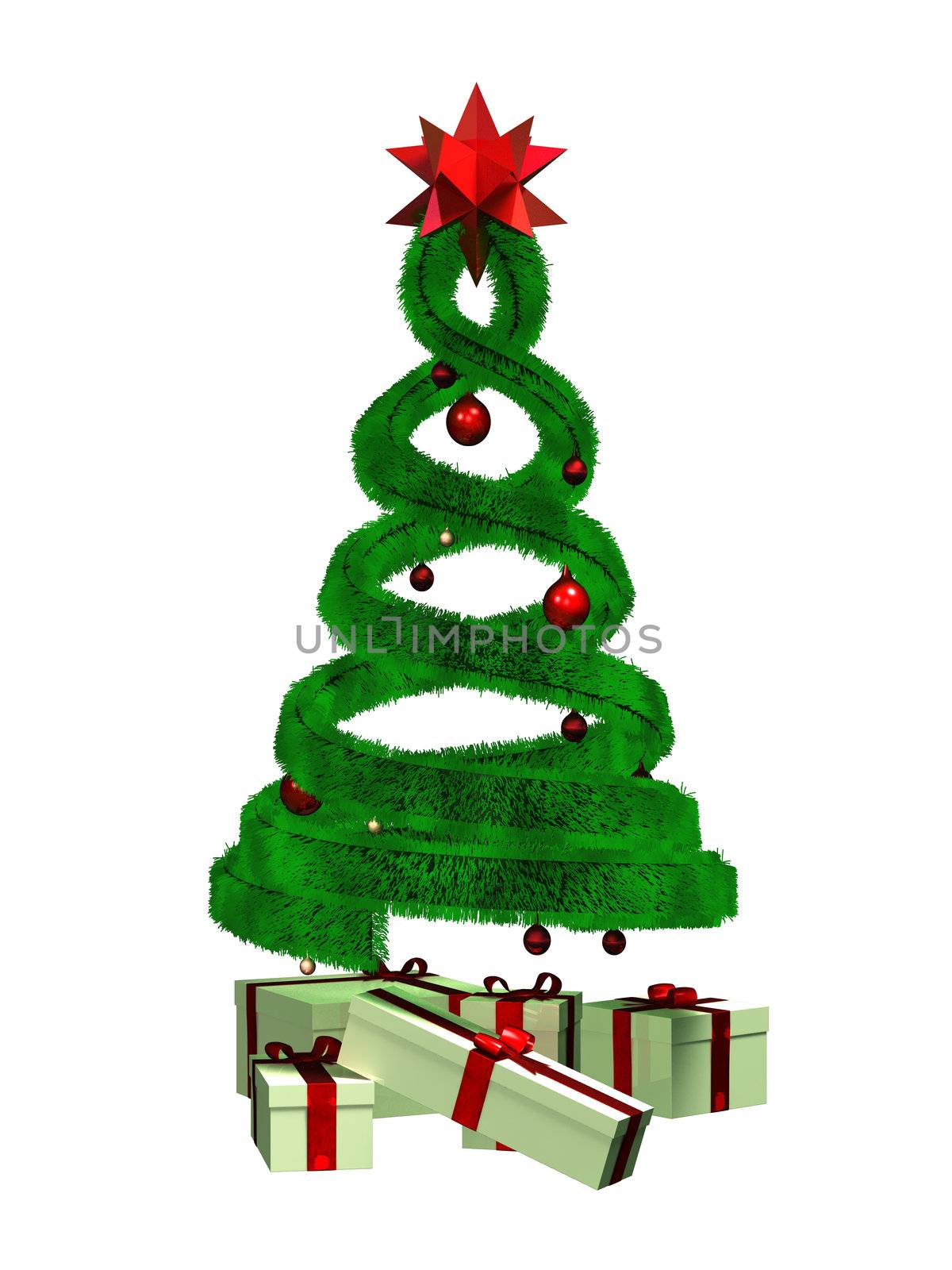 Green design pine and some gifts on a white background