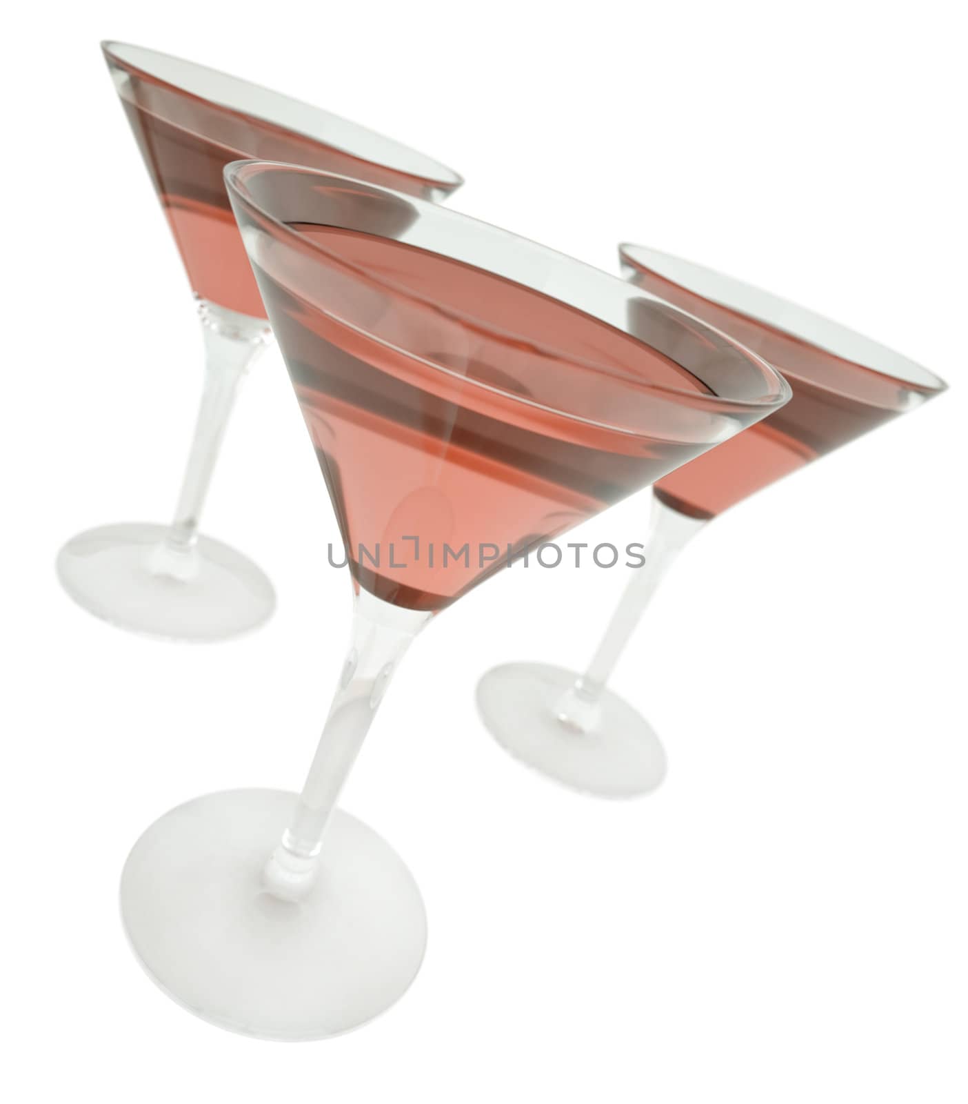 Three red drinks in martini glasses. 3D render.