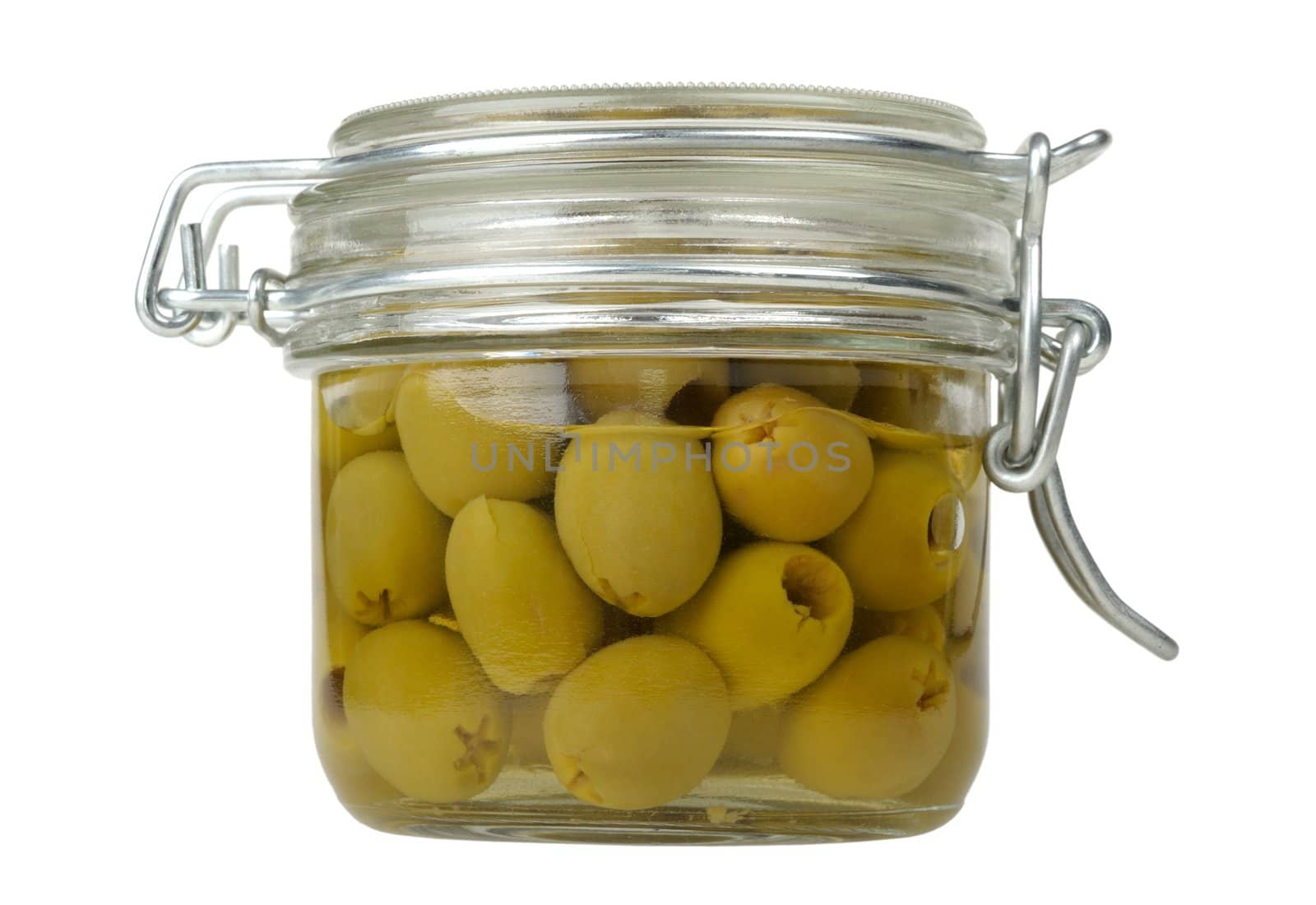 olives in a glass jar isolated on white background