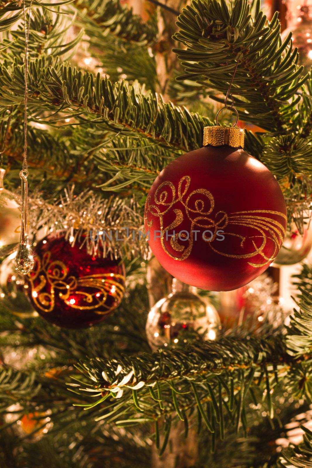 Colorful image of balls in christmas tree by Colette