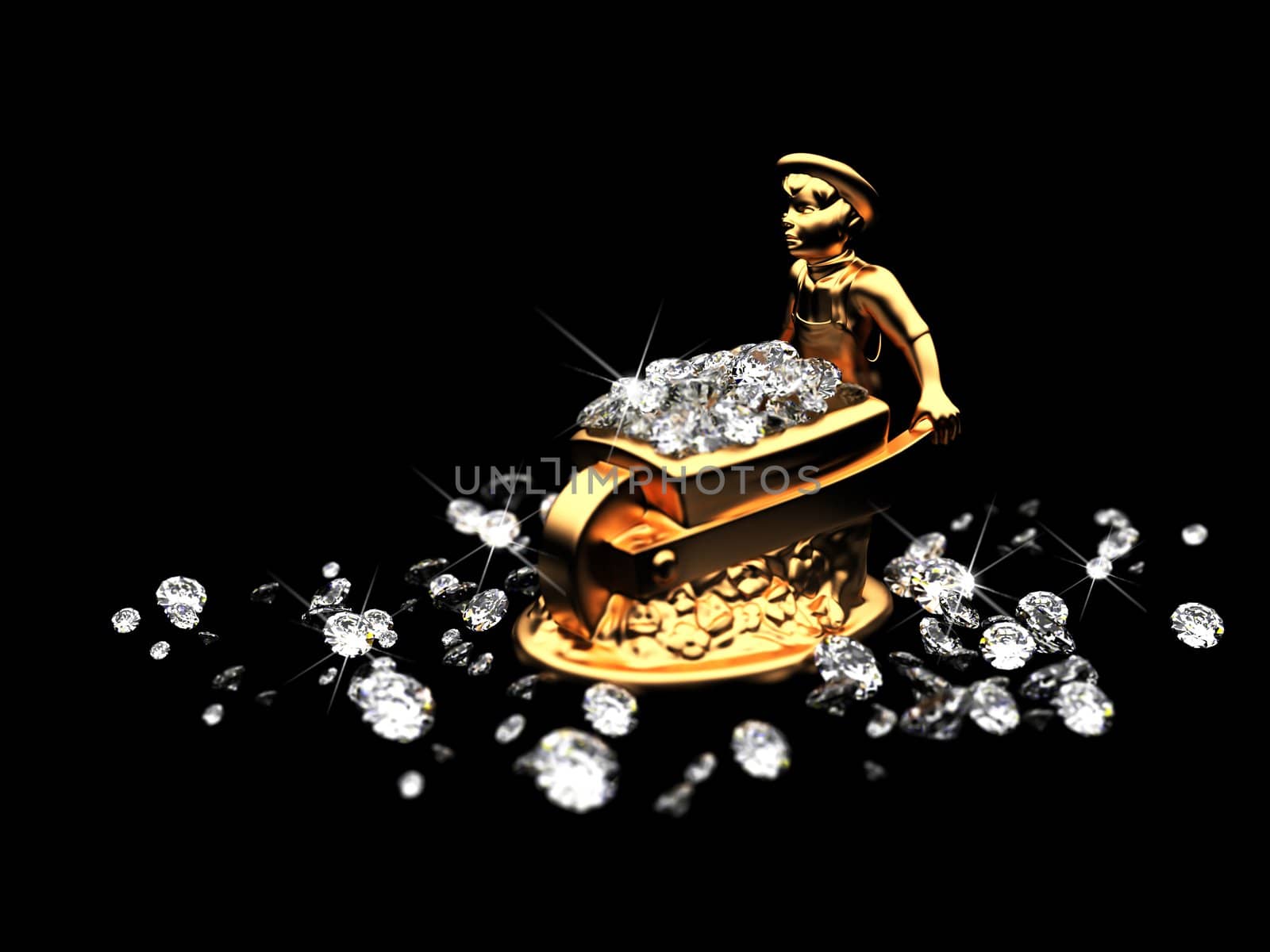 a lot of diamonds and golden statuette made in 3D