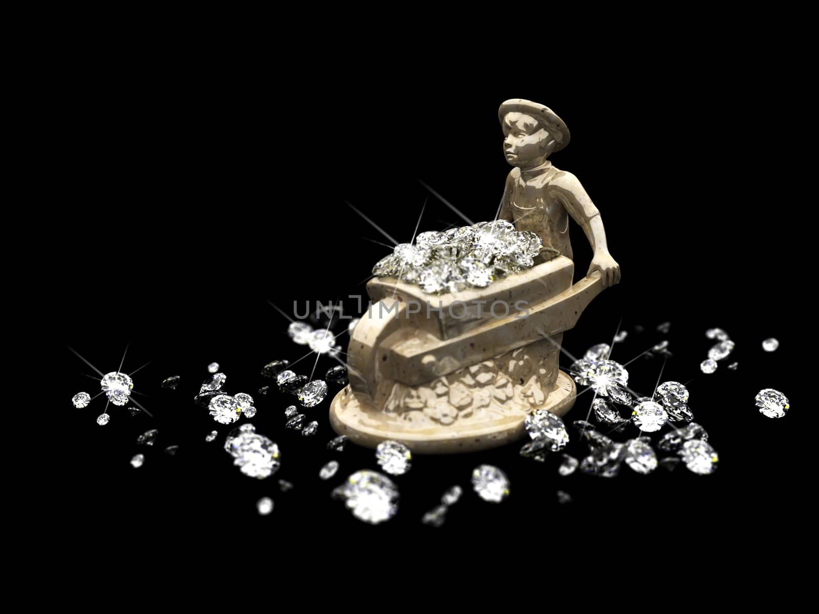 a lot of diamonds and marble statuette made in 3D