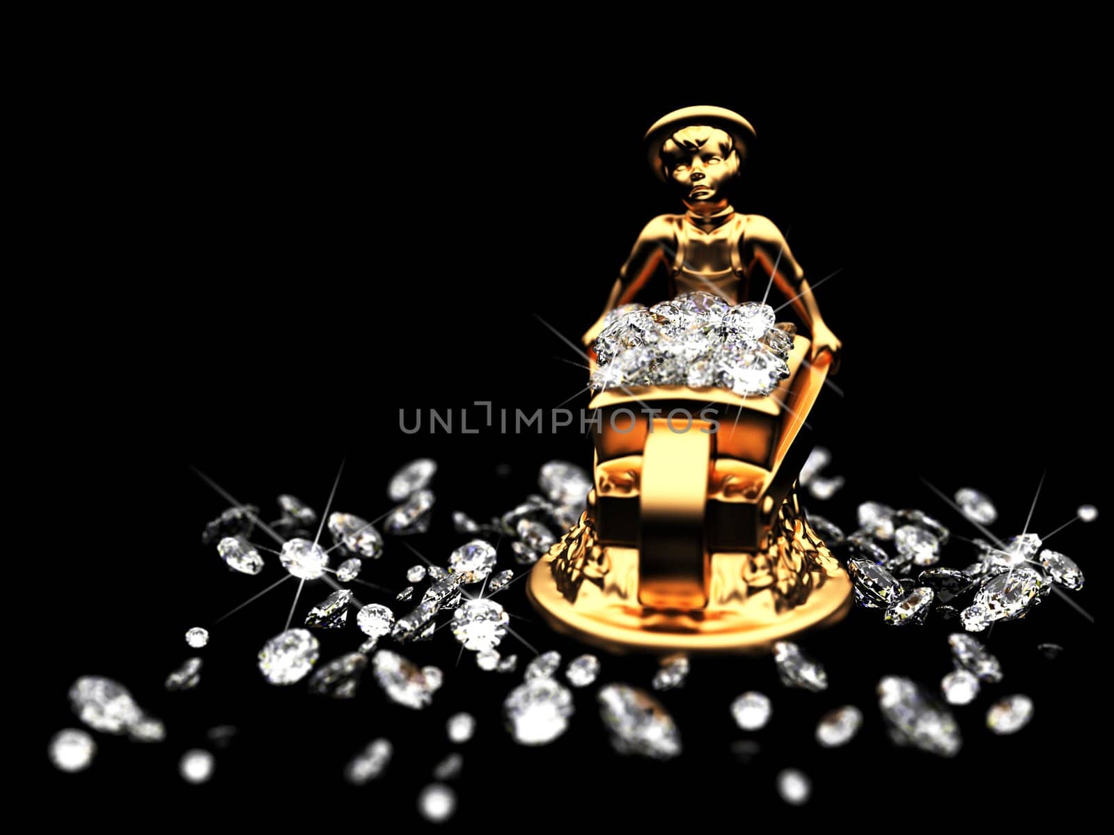 a lot of diamonds and golden statuette made in 3D