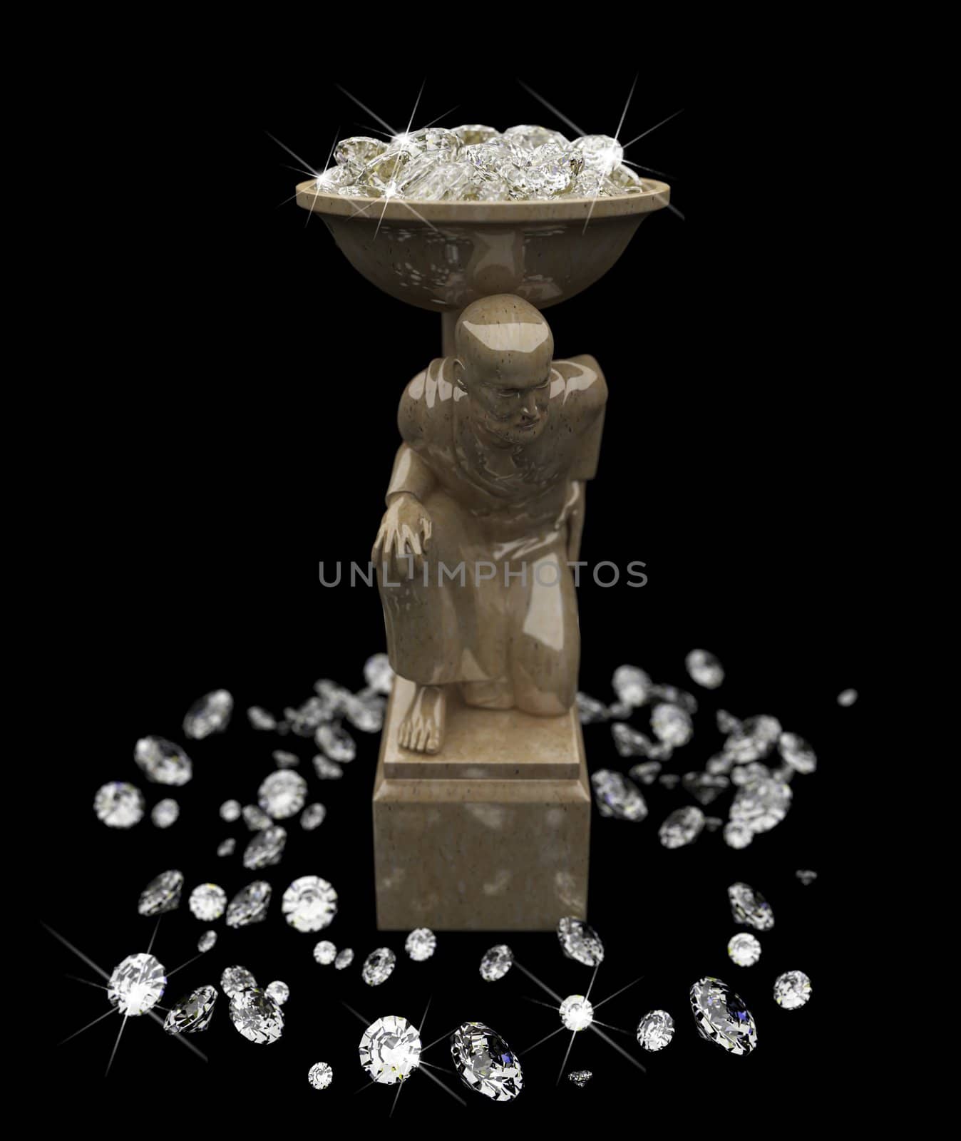 a lot of diamonds and marble statuette made in 3D
