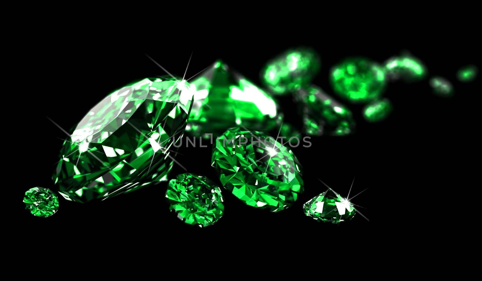 Emeralds on black surface