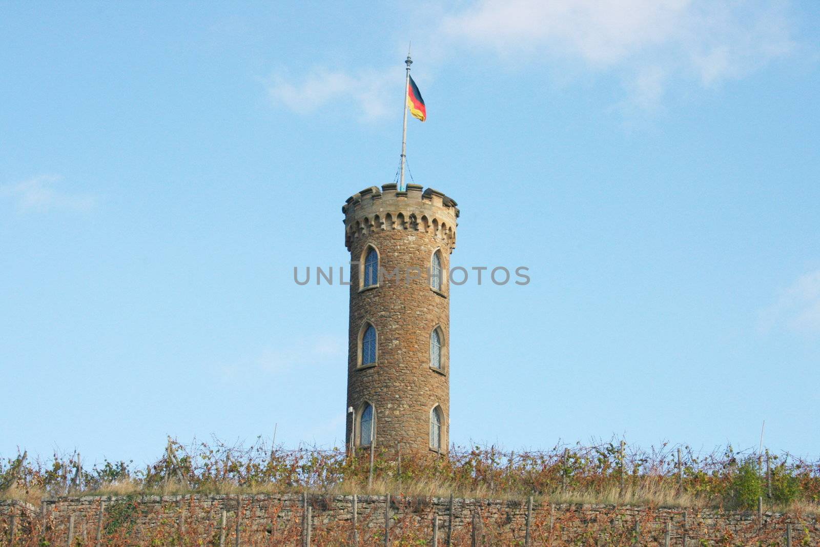 Turm im Weinberg mit Deutscher Flagge,und blauem Himmel im Hintergrund	
Tower in the vineyard with the German flag and a blue sky in the background