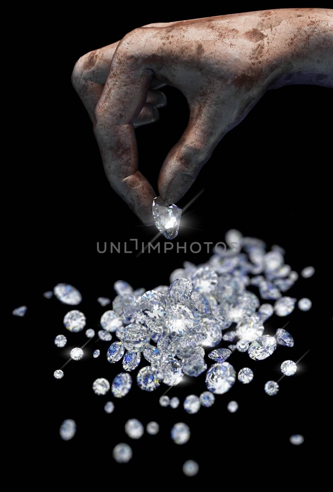 Diamonds on black surface and hand by icetray