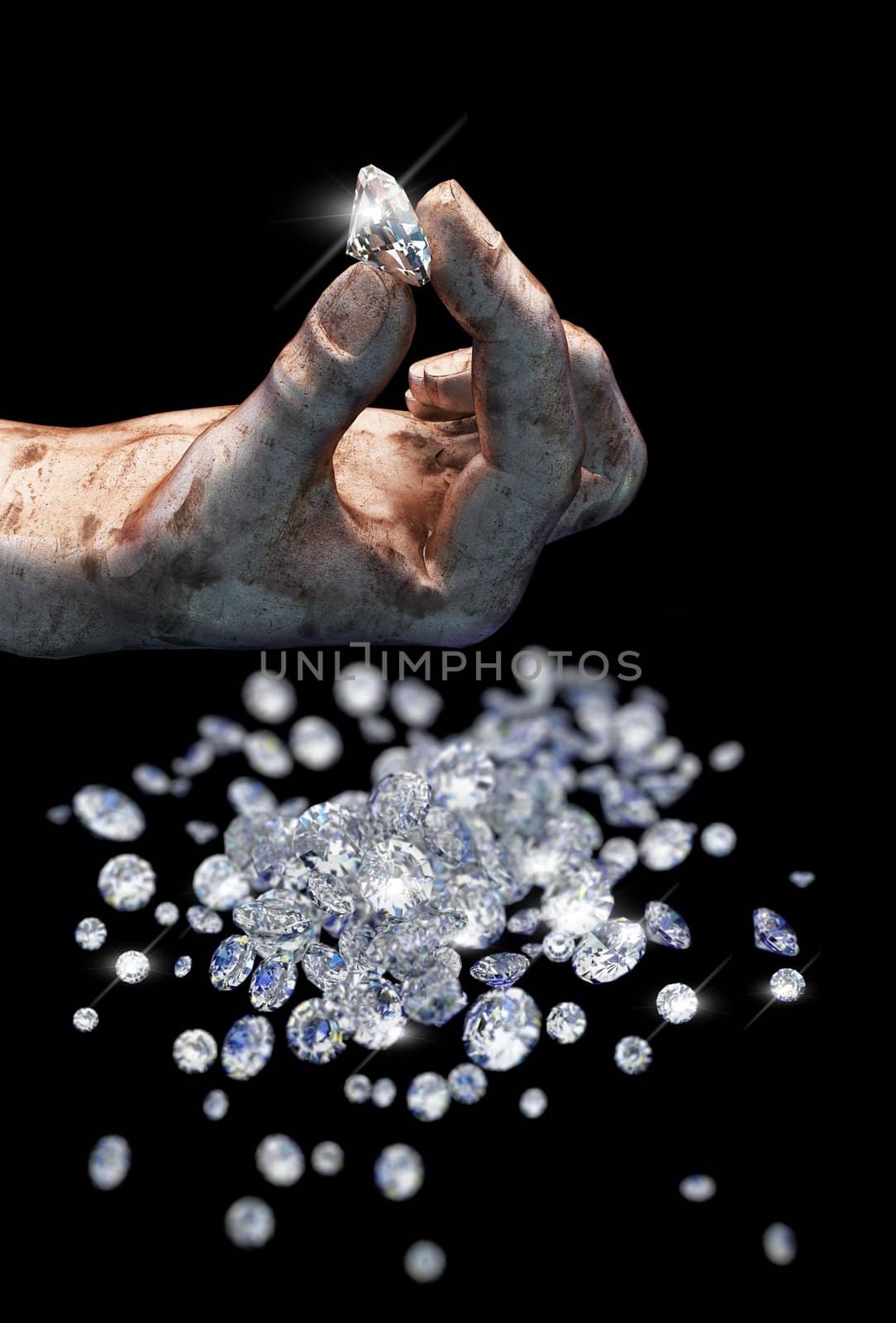 Diamonds on black surface and hand by icetray