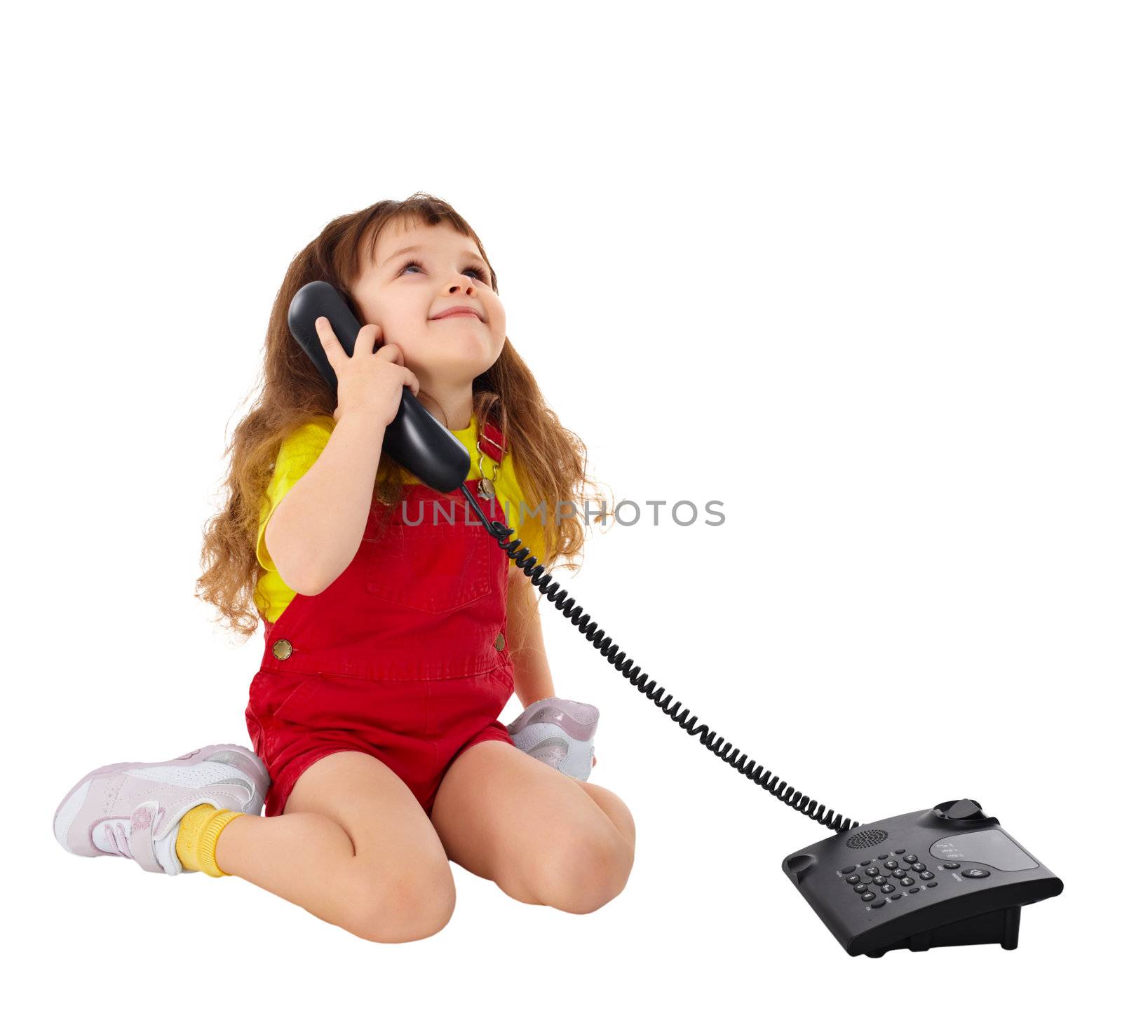 Child talking on the phone isolated on white background