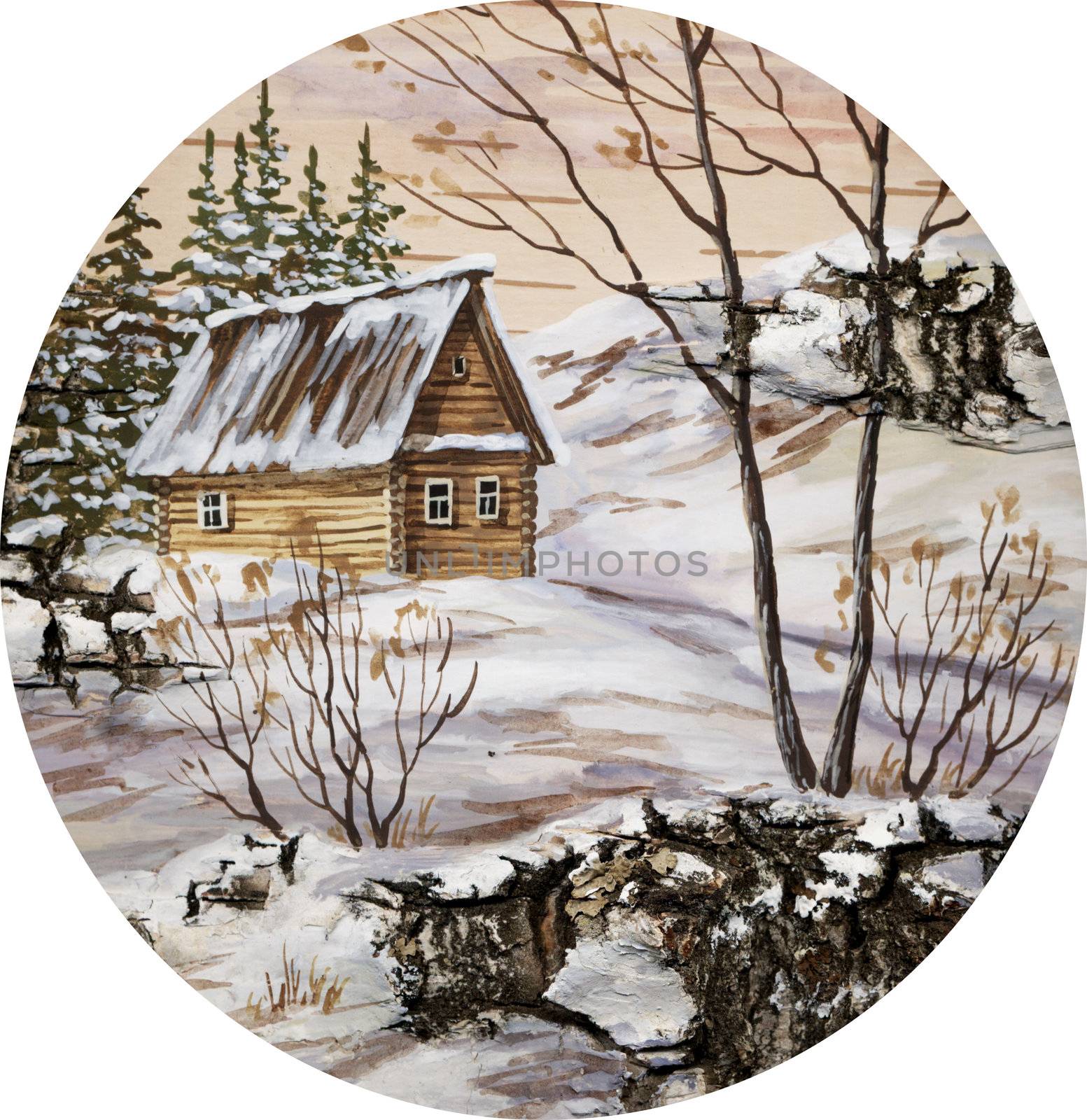Drawing distemper on a birch bark: small house in wood