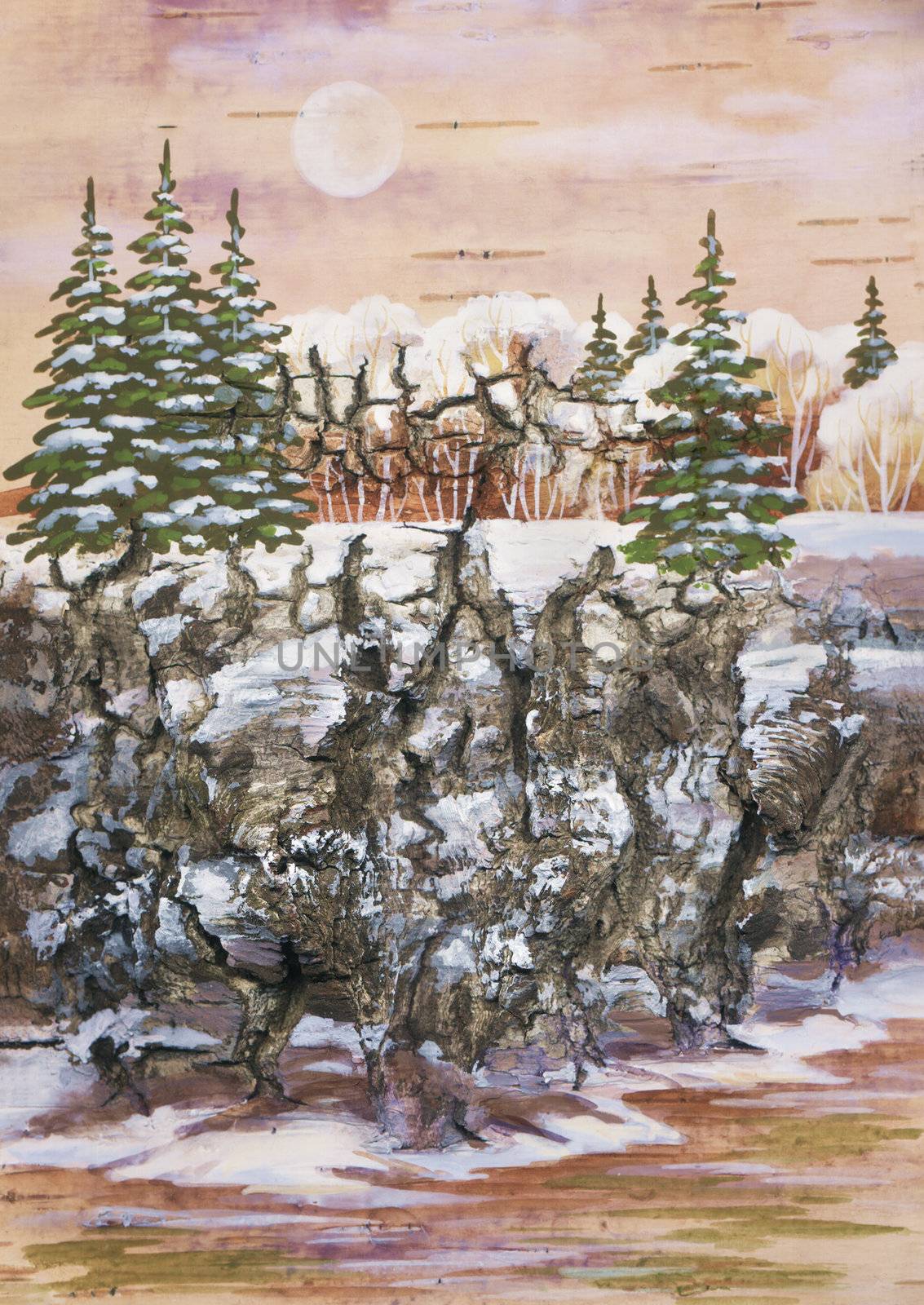 Picture, drawing distemper on a birch bark: fur-trees on a rock