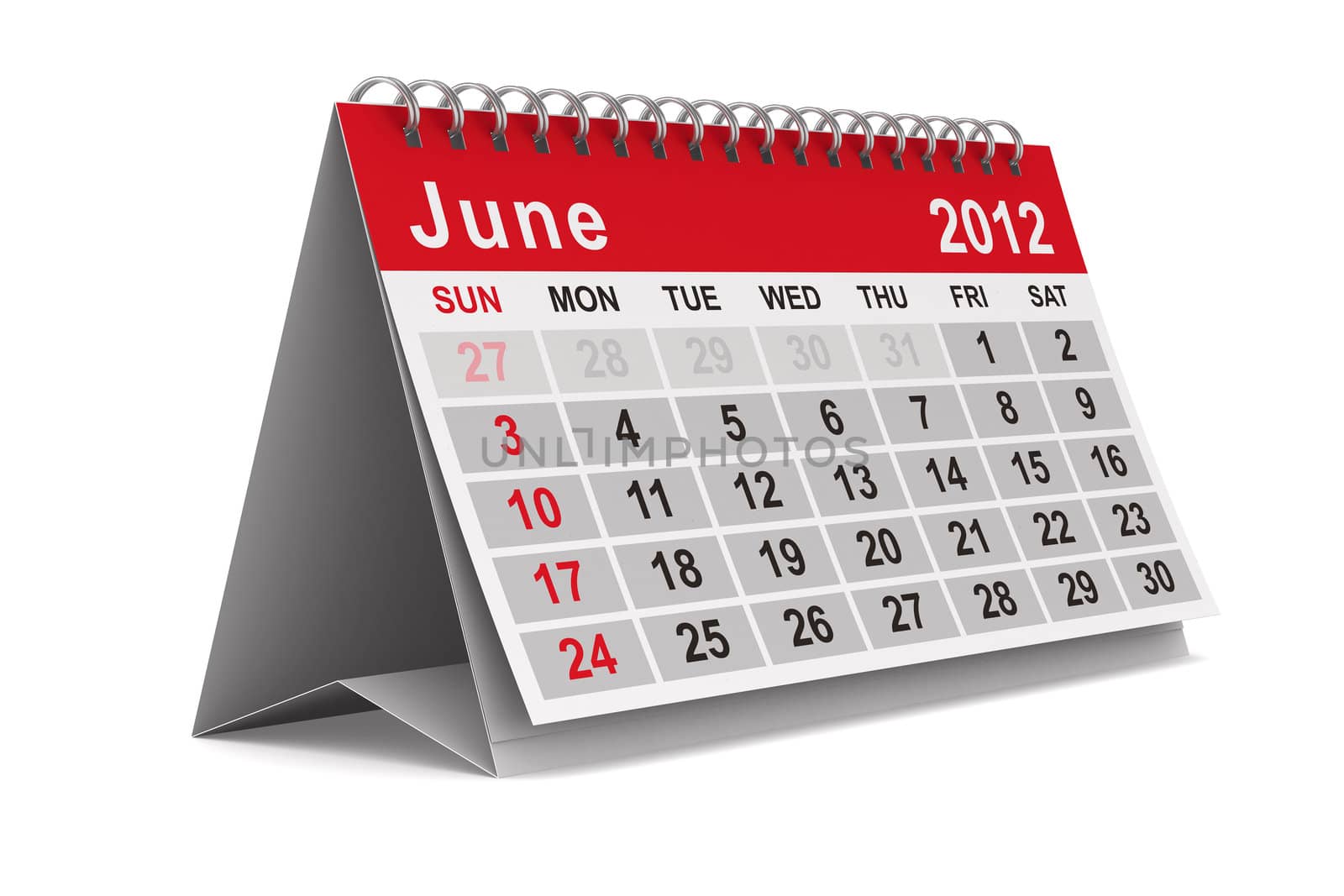 2012 year calendar. June. Isolated 3D image