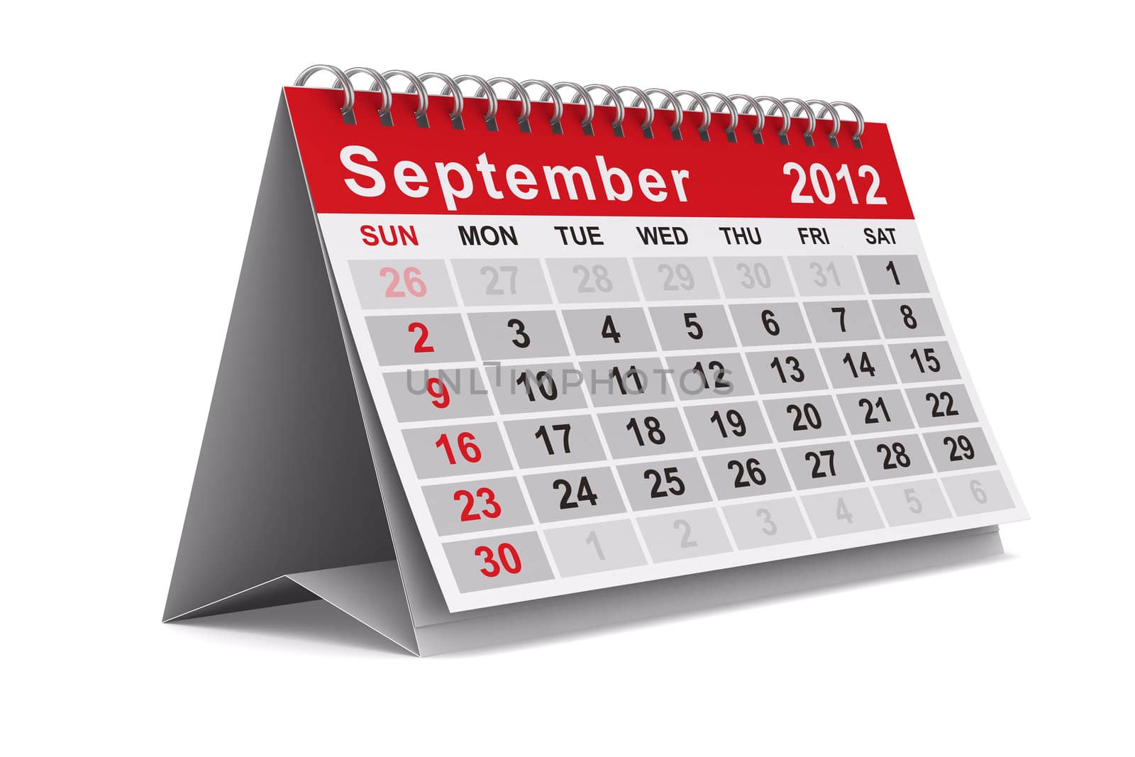2012 year calendar. September. Isolated 3D image