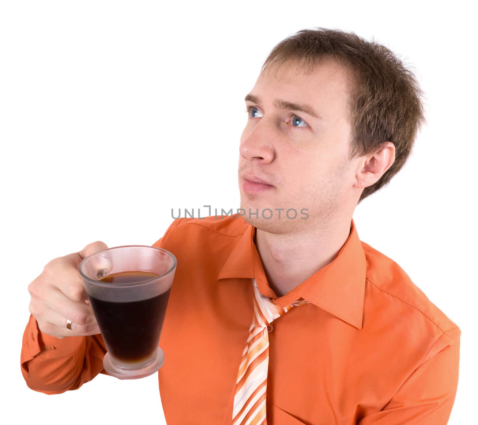 Young the man drinks coffee
