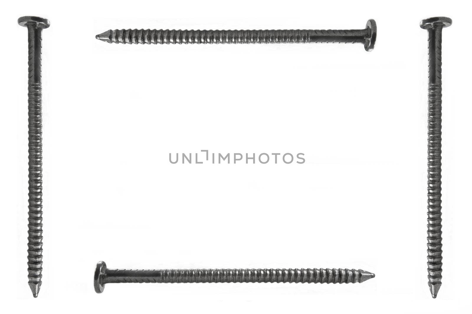 Four steel nails arranged around the border of the image with white background