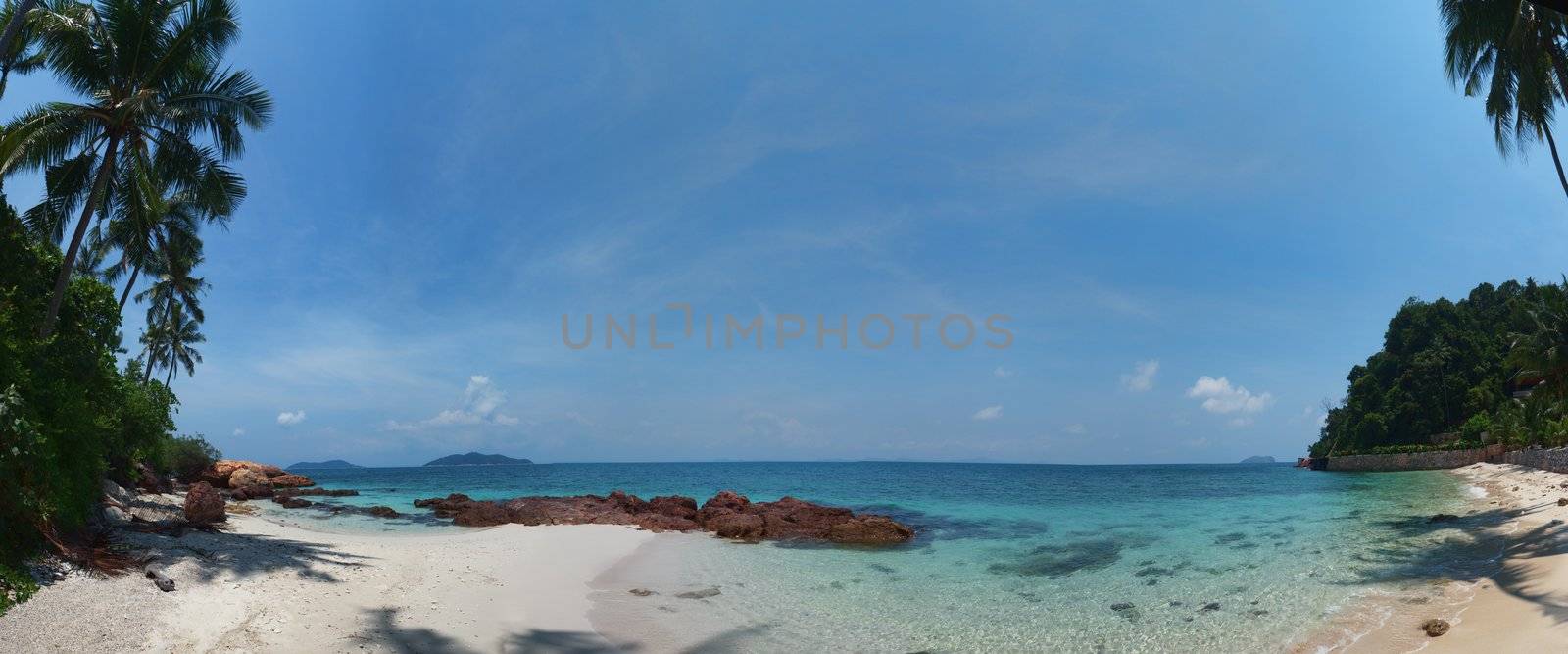 Panoramic view of a beautiful beach with turquoise water in Rawa island Malaysia