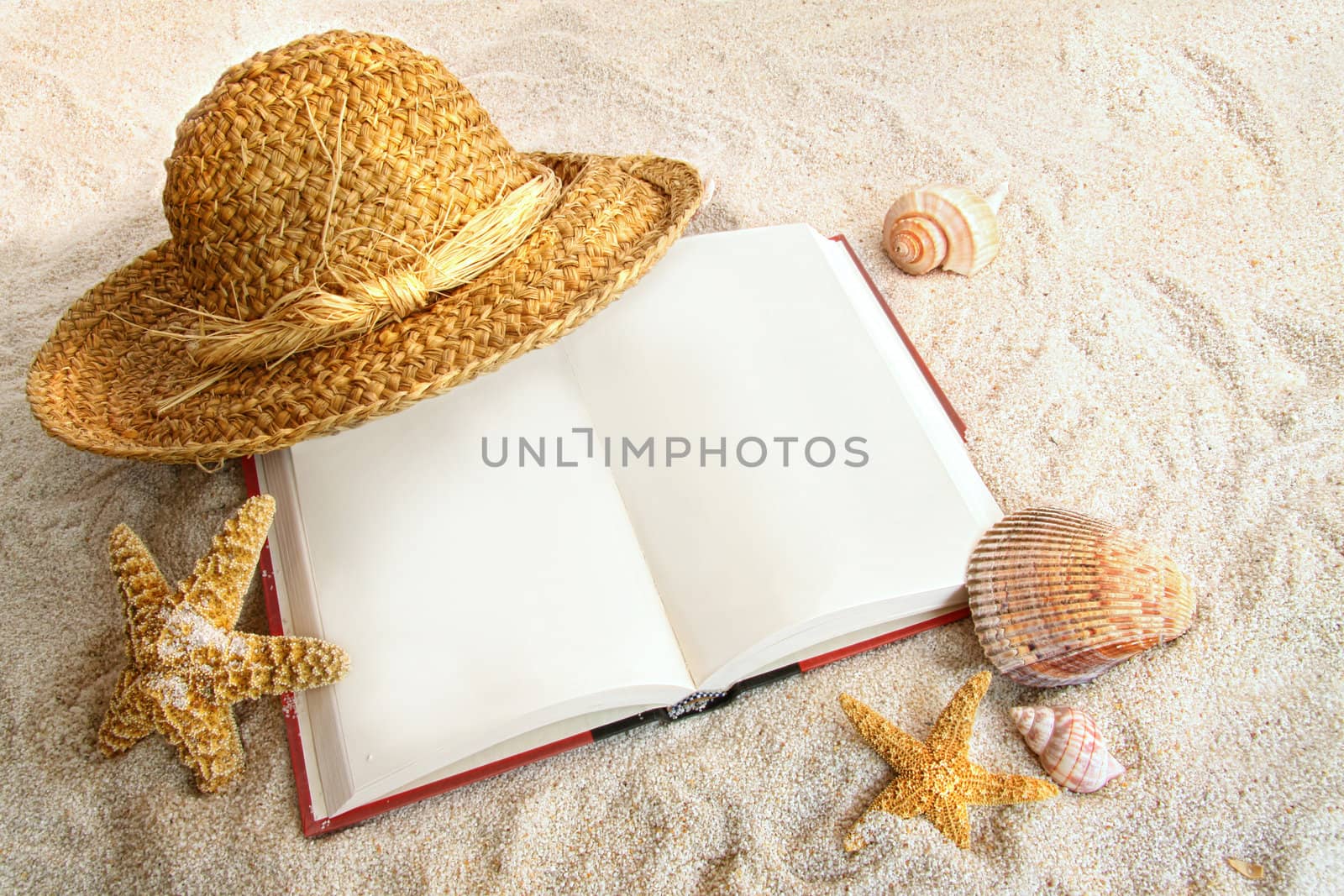 Book with straw hat and seashells in sand by Sandralise