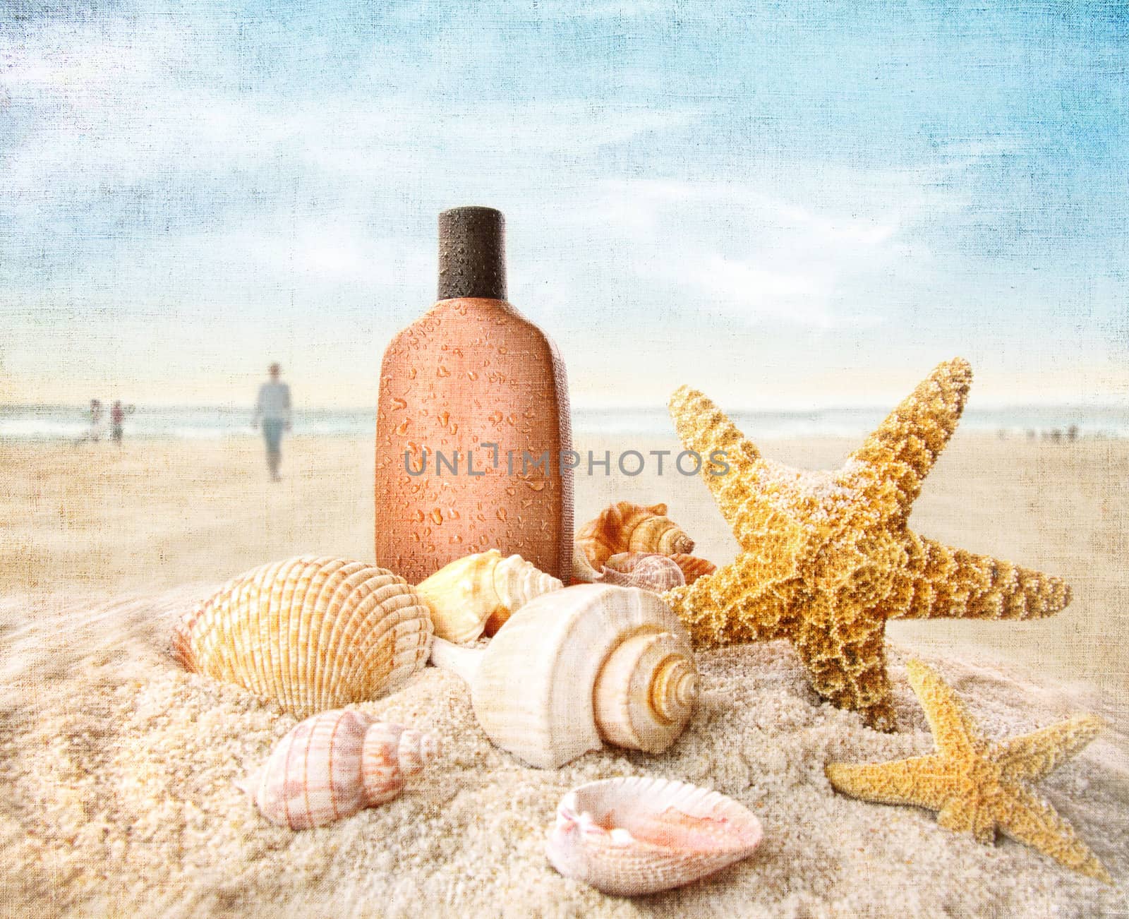 Suntan lotion and seashells with people on the beach