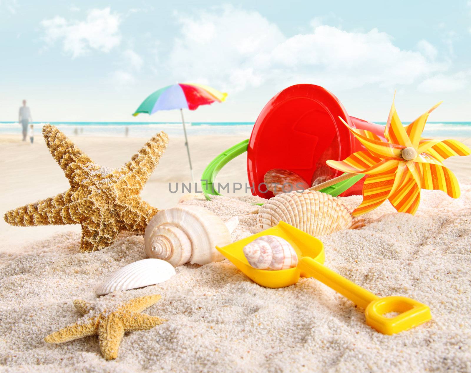 Assortment of children's beach toys at the beach