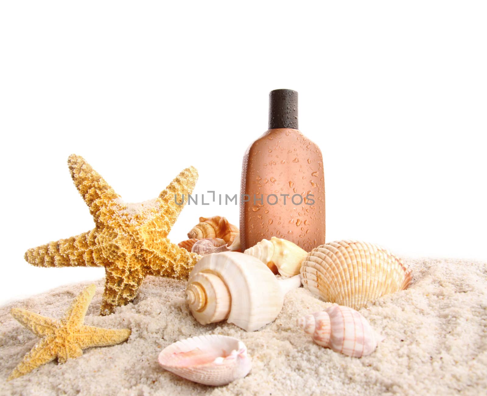 Suntan lotion and seashells on white  by Sandralise