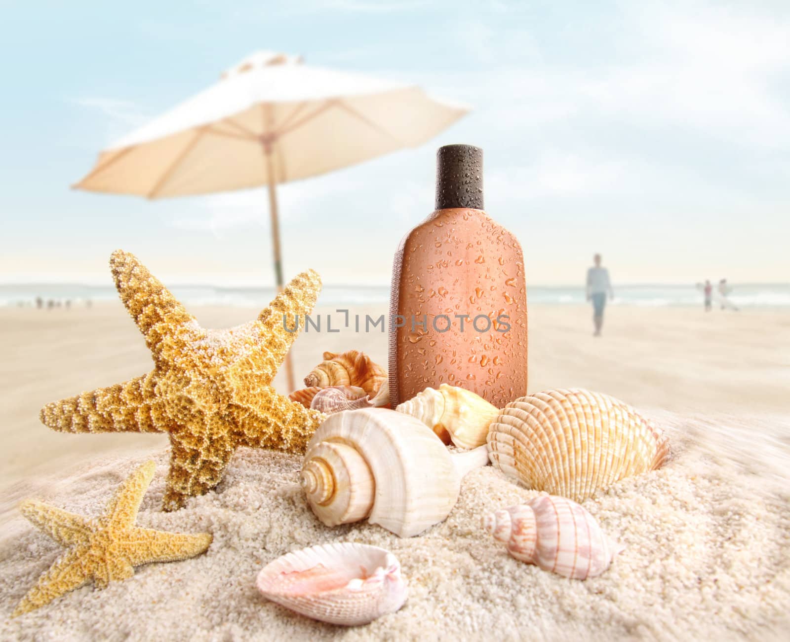 Suntan lotion and seashells on the beach by Sandralise