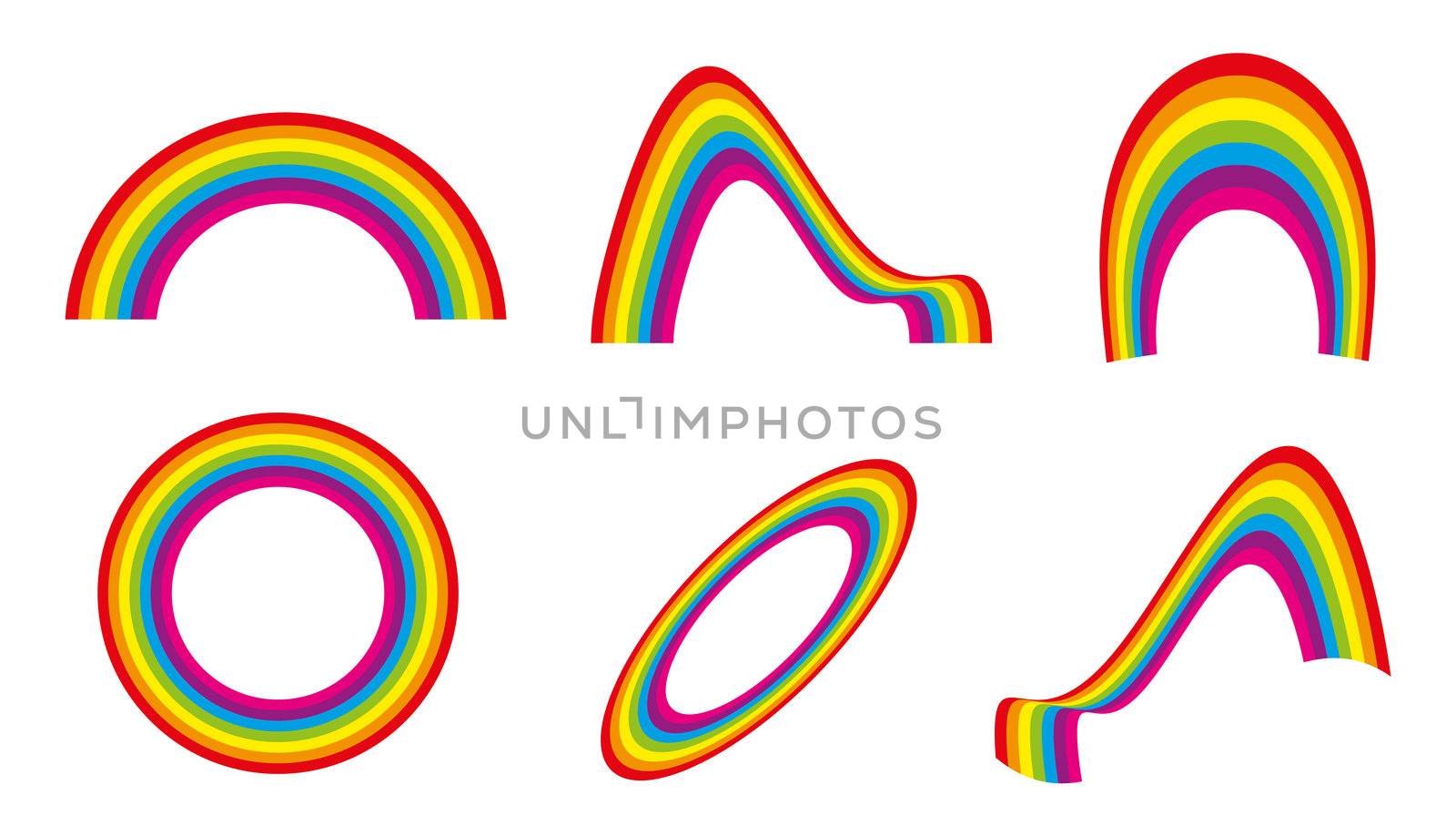 Six different isolated and colored rainbow shapes