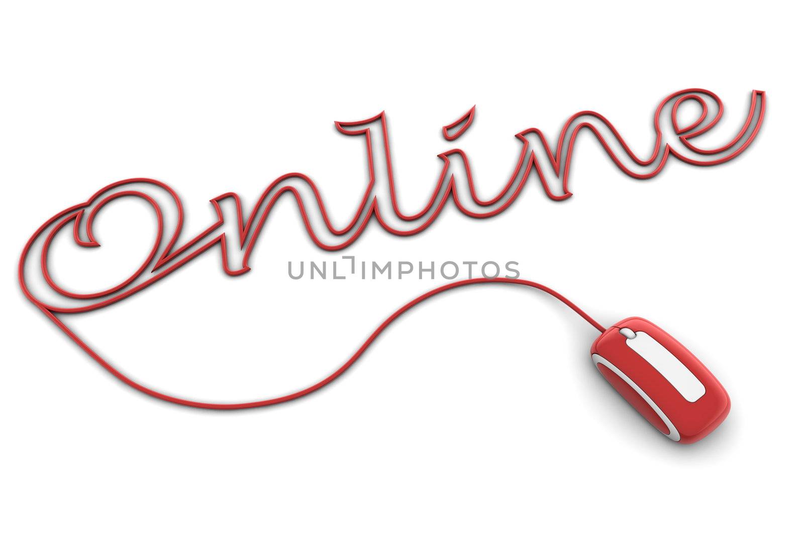 modern glossy red computer mouse is connected to the shiny red word Online - letters are formed by the mouse cable